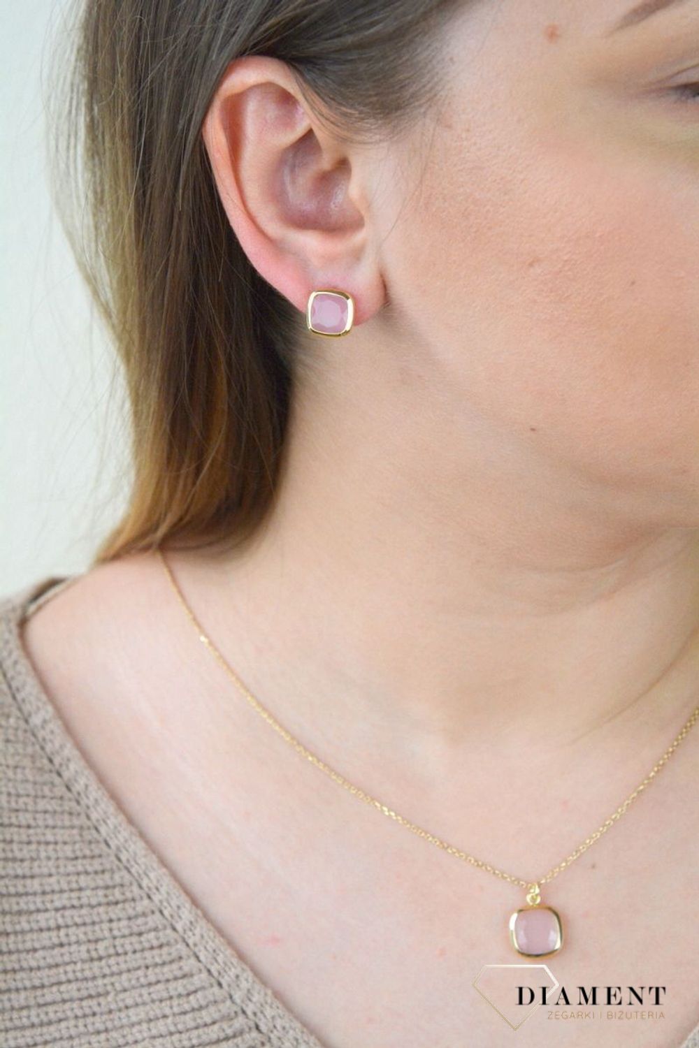 Pozłacane Kolczyki kwadraciki Dall'acqua Sublime Kwarc Różowy 925 DIAMENT DIA-KLC-5545-925.jpg