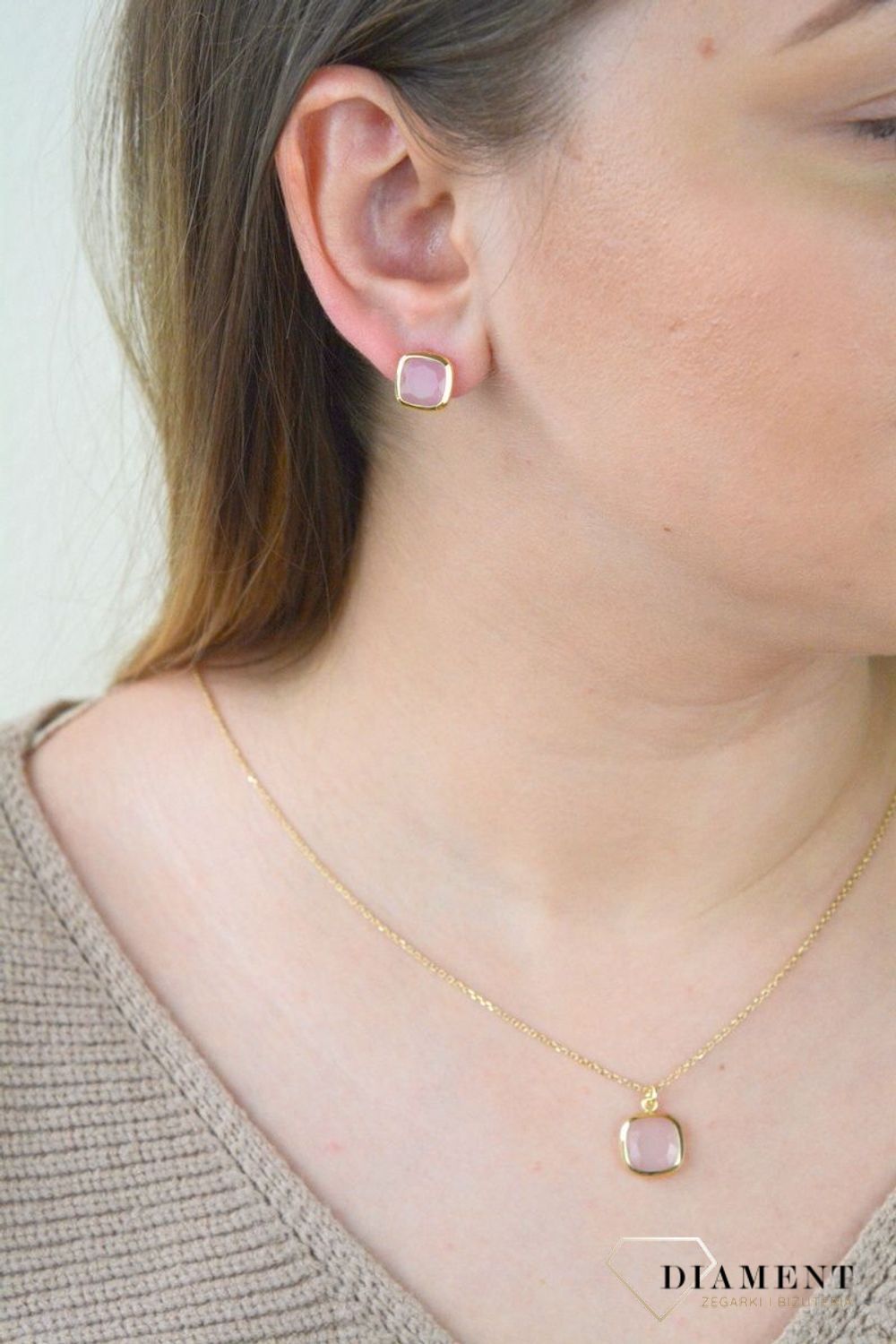Pozłacane Kolczyki kwadraciki Dall'acqua Sublime Kwarc Różowy 925 DIAMENT DIA-KLC-5545-925.jpg