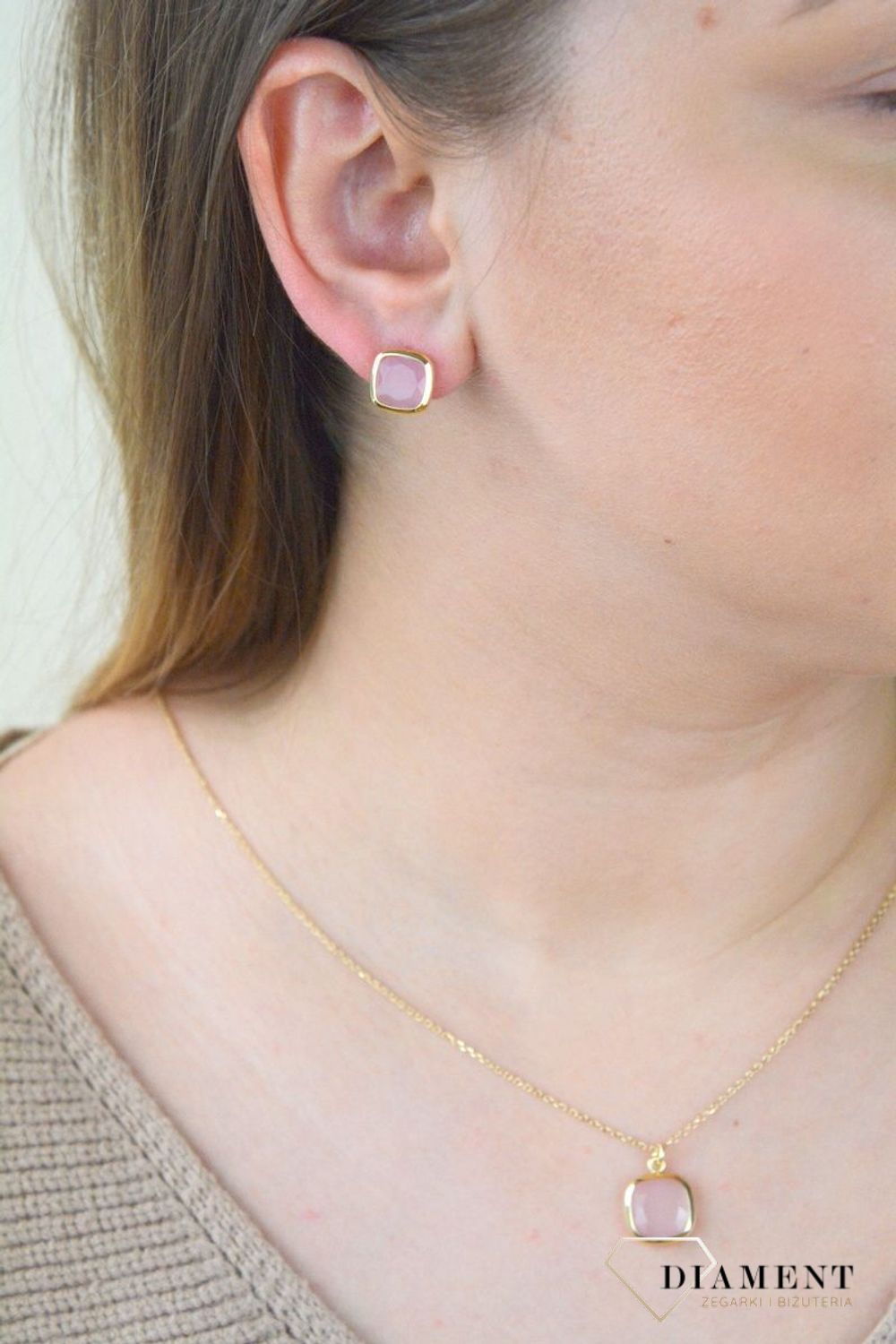 Pozłacane Kolczyki kwadraciki Dall'acqua Sublime Kwarc Różowy 925 DIAMENT DIA-KLC-5545-925.jpg
