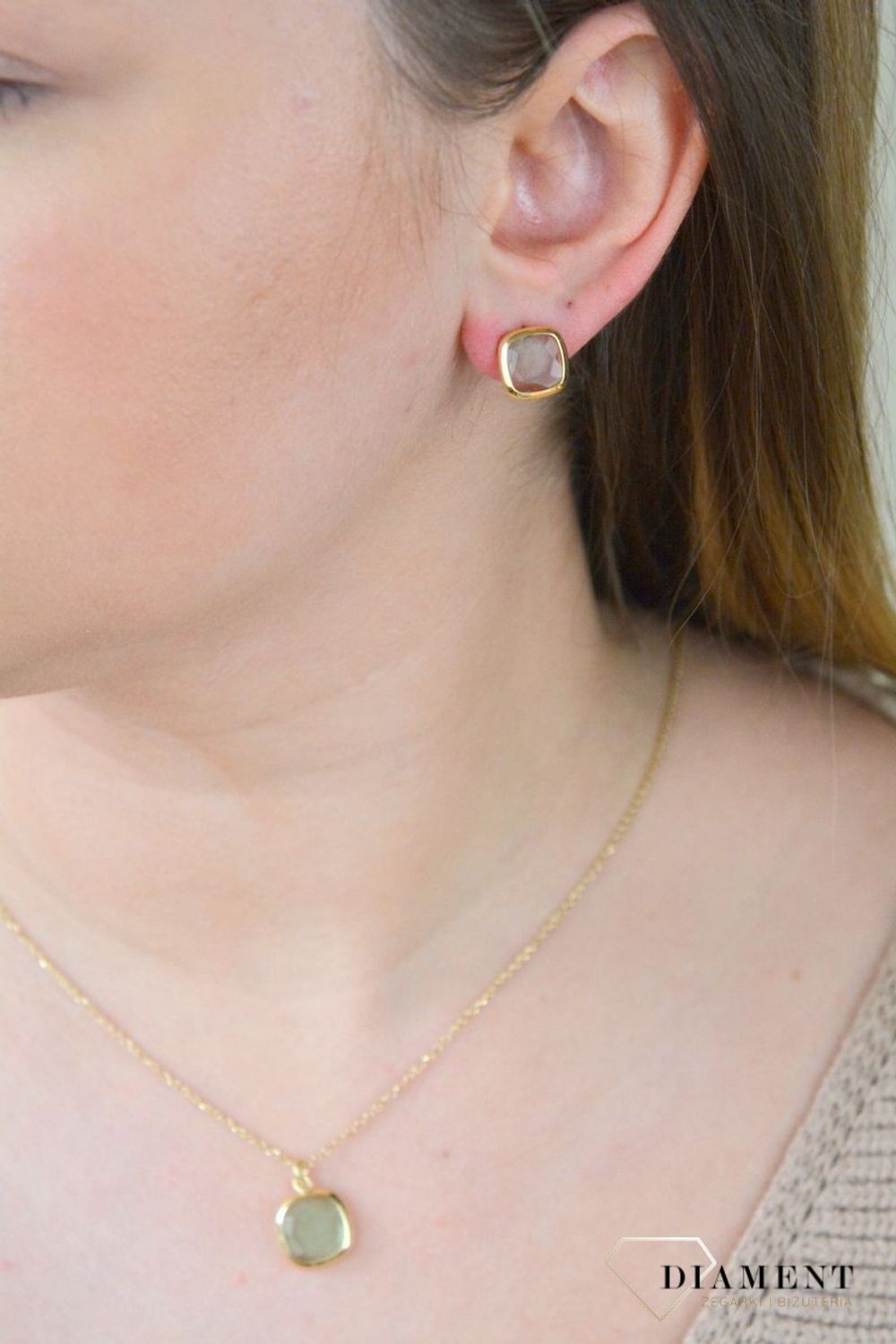 Pozłacane Kolczyki kwadraciki Dall'acqua Sublime Zielony Agat 925 DIAMENT DIA-KLC-5546-925.jpg