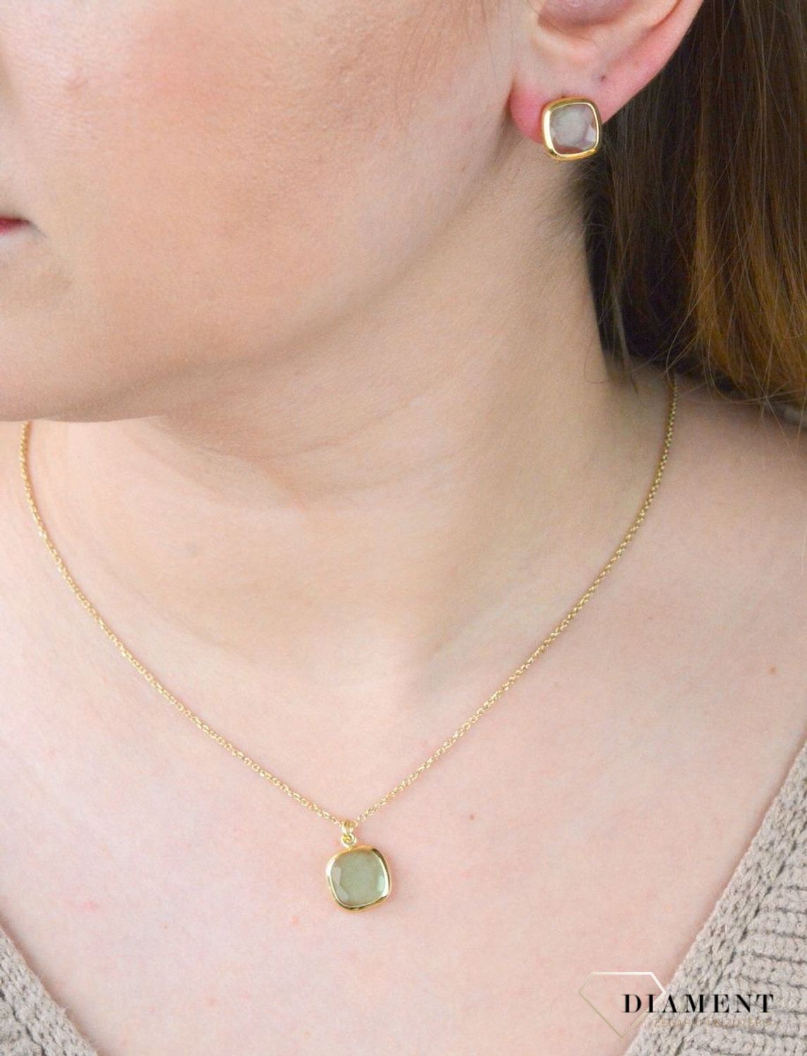 Pozłacane Kolczyki kwadraciki Dall'acqua Sublime Zielony Agat 925 DIAMENT DIA-KLC-5546-925.jpg