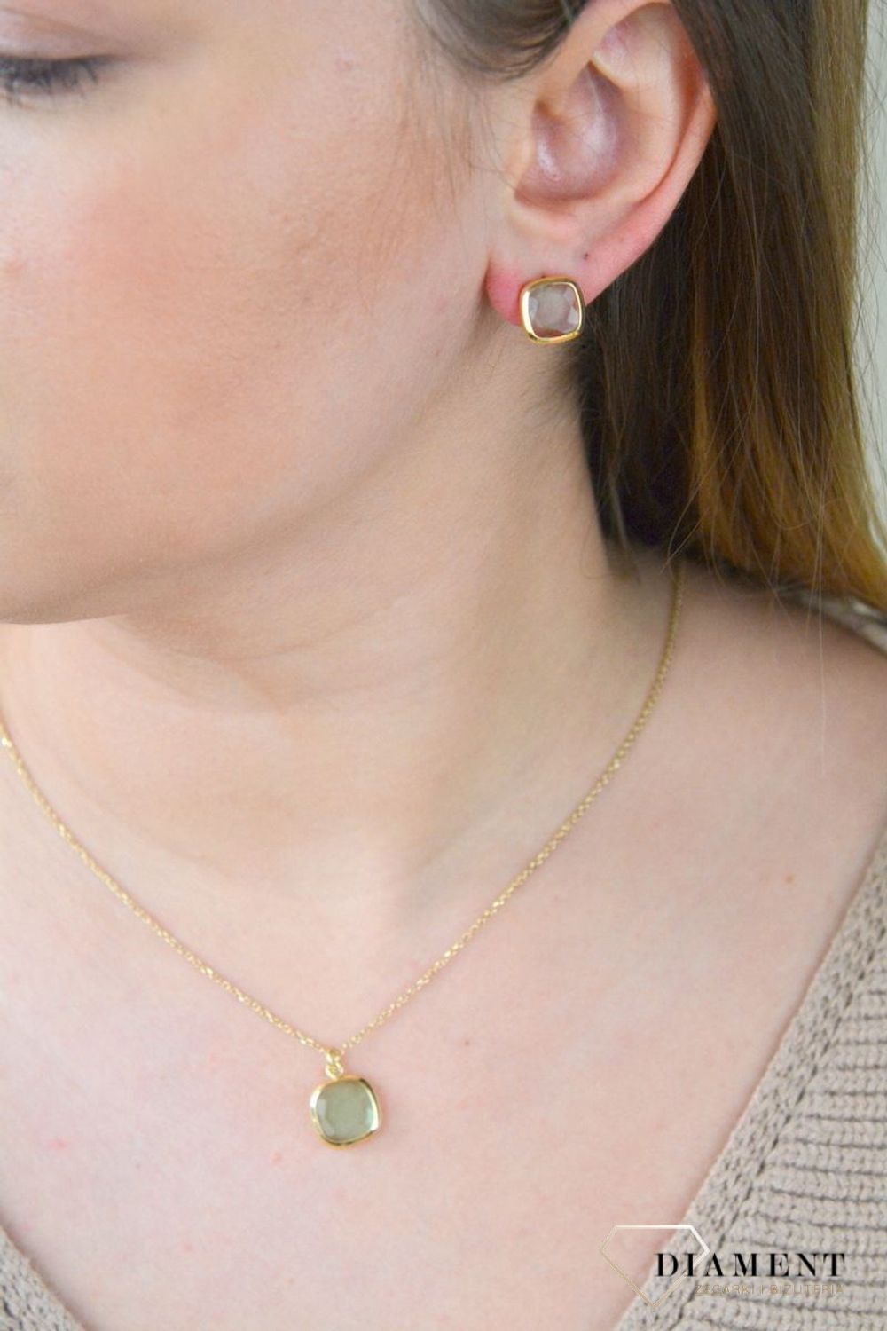 Pozłacane Kolczyki kwadraciki Dall'acqua Sublime Zielony Agat 925 DIAMENT DIA-KLC-5546-925.jpg