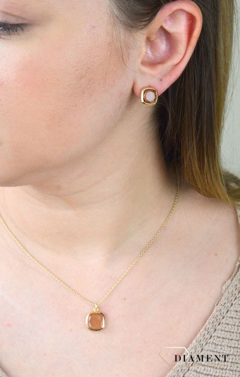 Pozłacane Kolczyki kwadraciki Dall'acqua Sublime Kwarc Dymny 925 DIAMENT DIA-KLC-5548-925.jpg