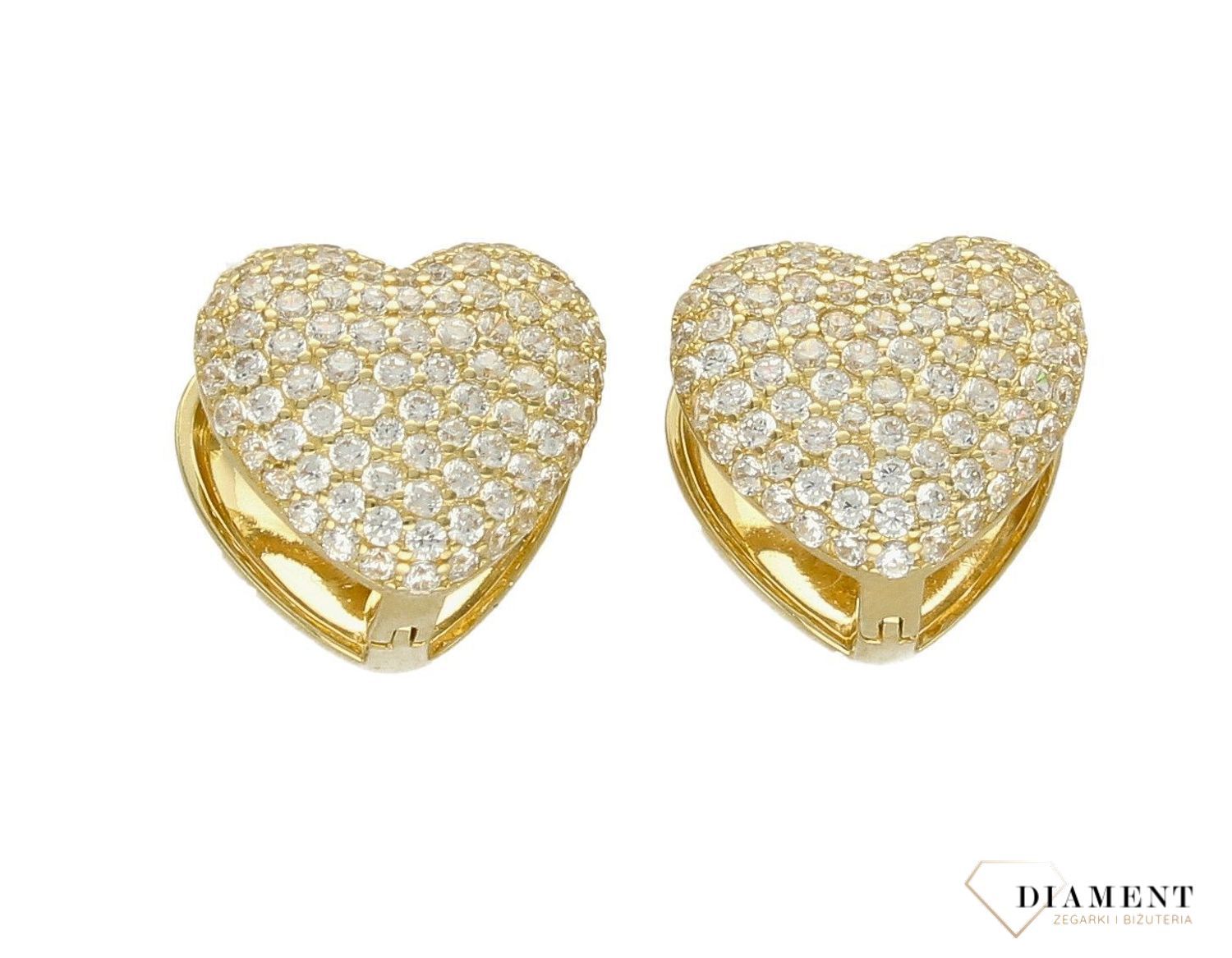 Kolczyki pozłacane  Wysadzane serca  925 DIAMENT DIA-KLC-5937-925.Srebrne kolczyki z motywem serc ozdobione cyrkonią w kolorze żółtym. Minimalistyczna biżuteria.jpg