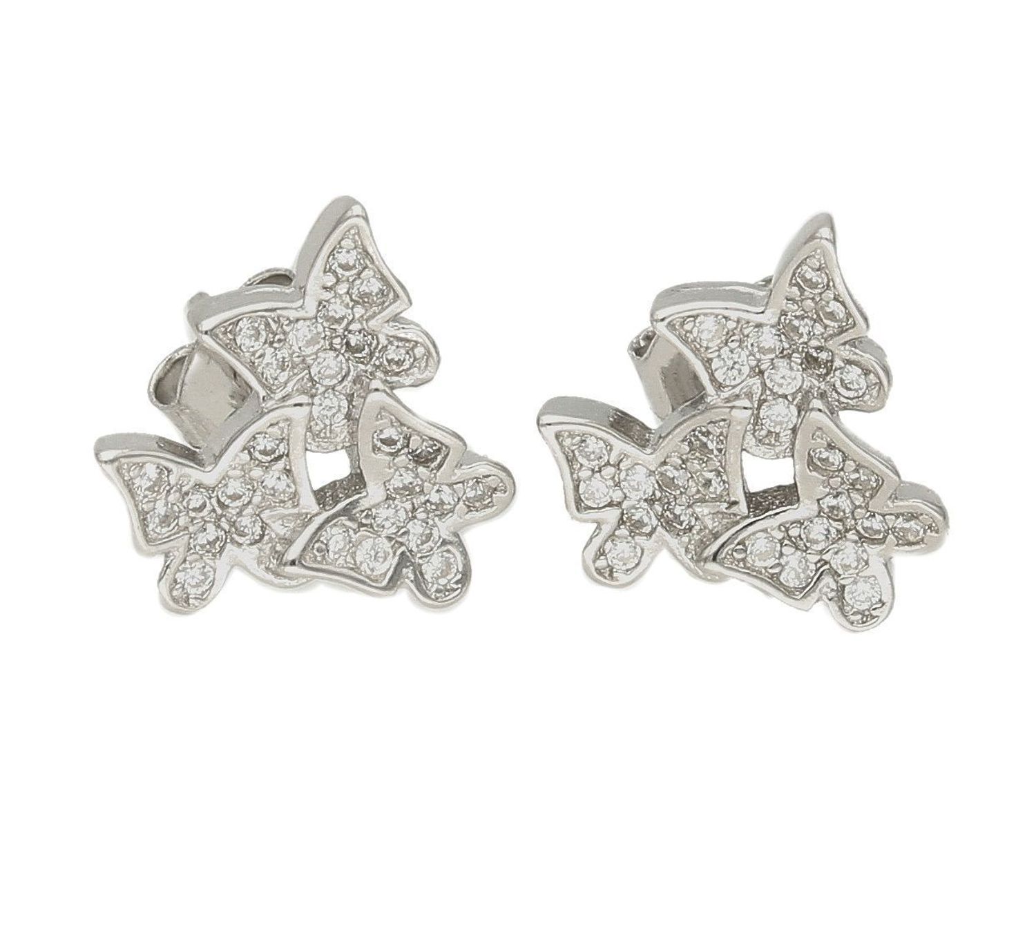 Srebrne kolczyki w kształcie trzech motyli z cyrkoniami DIA-KLC-6323-925 Kolczyki motylki zostały ozdobione cyrkonią. Kolczyki te symbolizują symbol szczęścia, natchnienia oraz piękna. Oryginalne kolczyki srebrne o niecodzienn.jpg