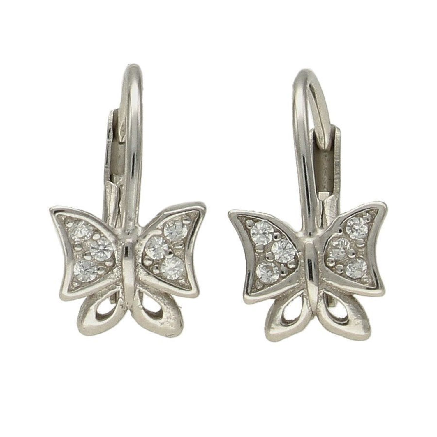 Srebrne kolczyki motylki z białą cyrkonią DIA-KLC-6324-925. Srebrne kolczyki dla dziewczynki z zawieszką w kształcie motylka ozdobione białą cyrkonią. Kolczyki w minimalistycznym stylu, wpisujące się w obec.jpg