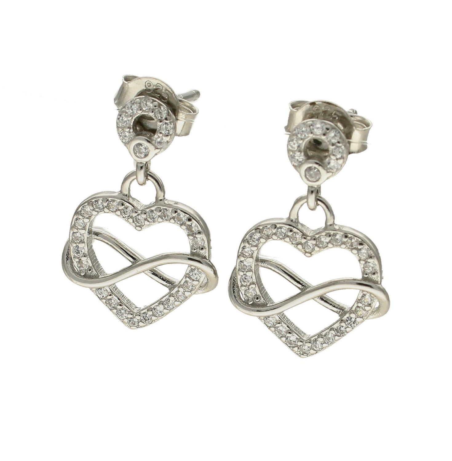 Srebrne kolczyki w kształcie serduszka ze znakiem nieskończoności DIA-KLC-6627-925.  Kolczyki serduszka zostały ozdobione cyrkonią. Kolczyki te symbolizują symbol miłość, szczęścia, natchnienia oraz piękna. Oryginalne kolczyki.jpg