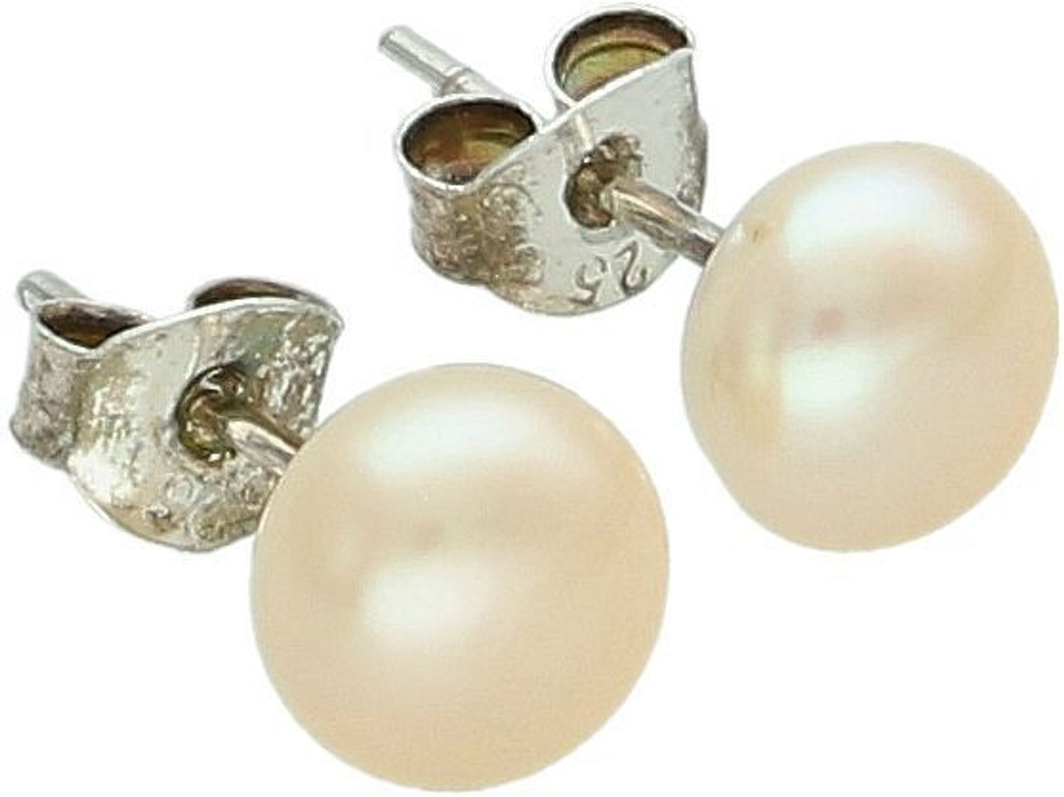 Srebrne kolczyki z perłą hodowlaną 7 mm – jasny łososiowy kolor, zapięcie sztyft, stal szlachetna.jpg