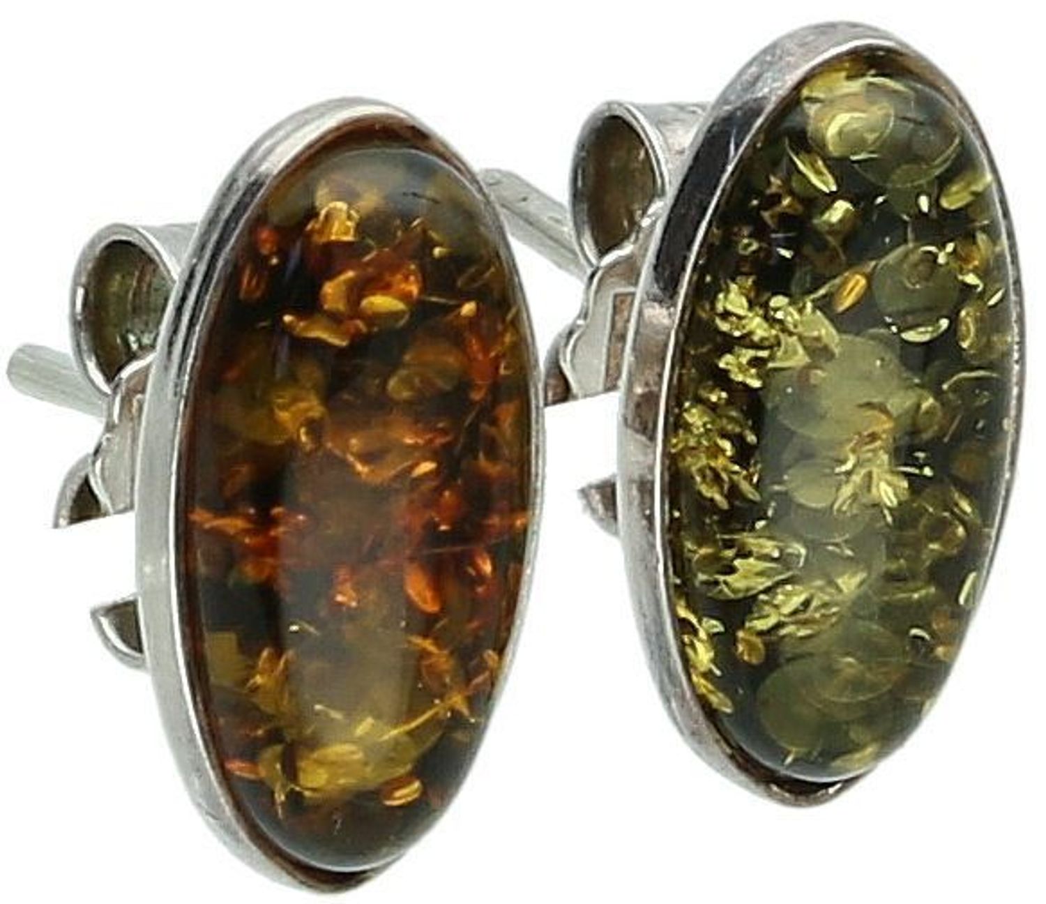 Asymetryczne kolczyki srebrne 925 z bałtyckim bursztynem – jeden zielony, drugi brązowy. Wymiary 1,2 x 0,7 cm, waga 1,61 g, zapięcie na sztyft. Naturalna elegancja i unikalny design.1.jpg