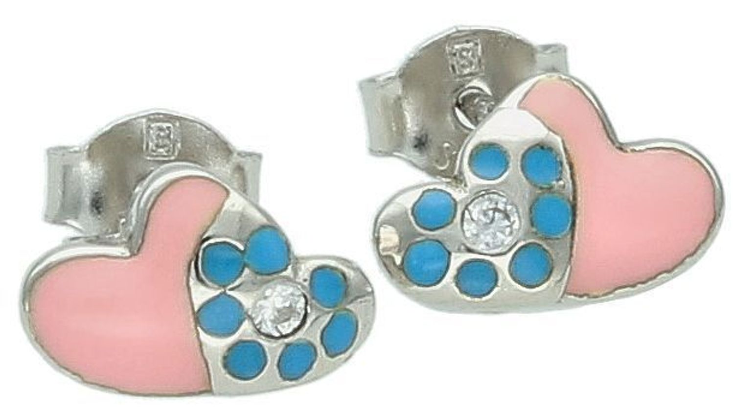 Kolczyki srebrne dwa serca na sztyft, próba 925 DIA-KLC-6708-925.  Dziecięca srebrna biżuteria będzie idealnym pomysłem na prezent. Kolorowe kolczyki dla dziewczynki. 1.jpg