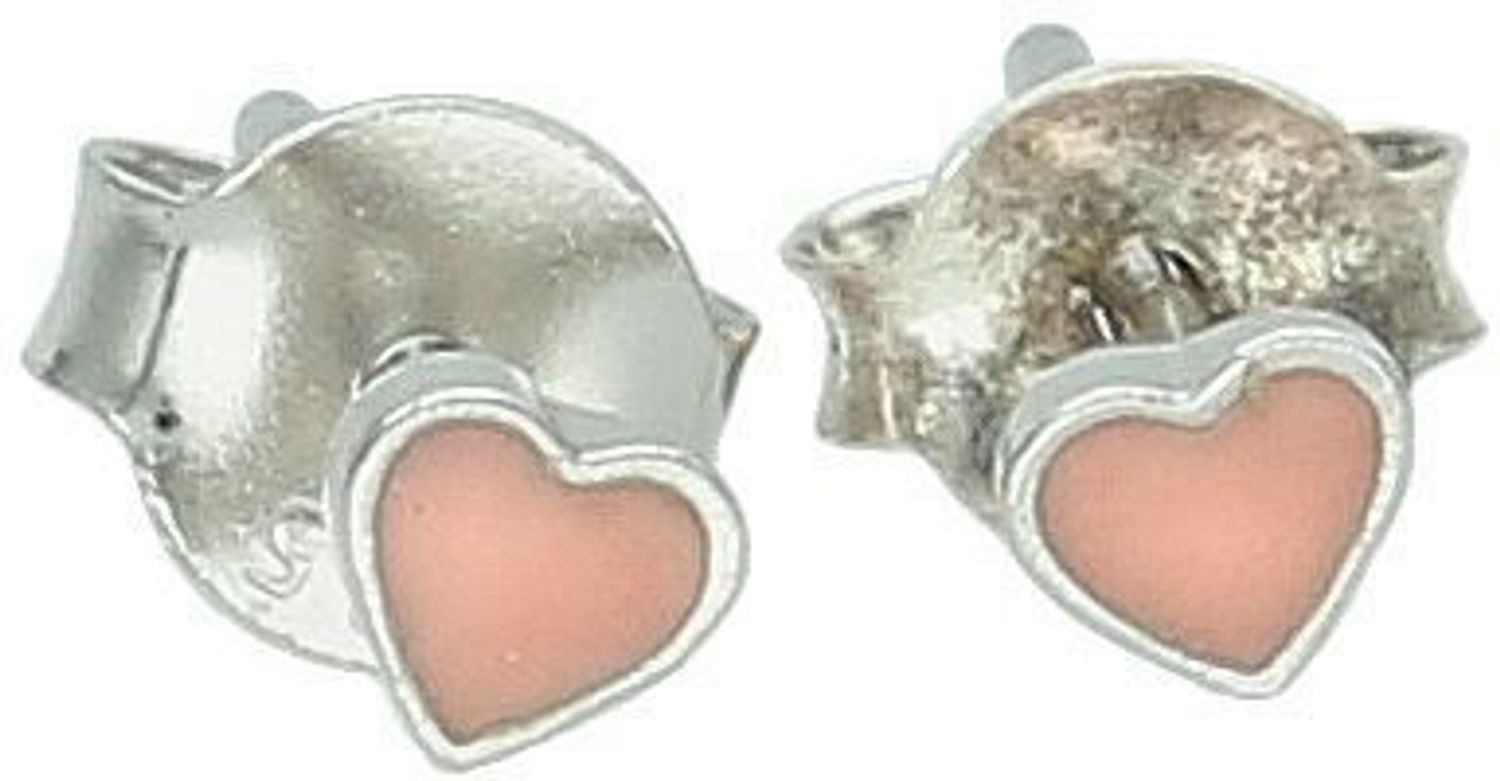 Urocze dziecięce kolczyki srebrne 925 w kształcie serduszek z różową emalią, 3 mm. Model DIA-KLC-6716-925. Idealne dla dziewczynki, bezpieczne zapięcie.1.jpg