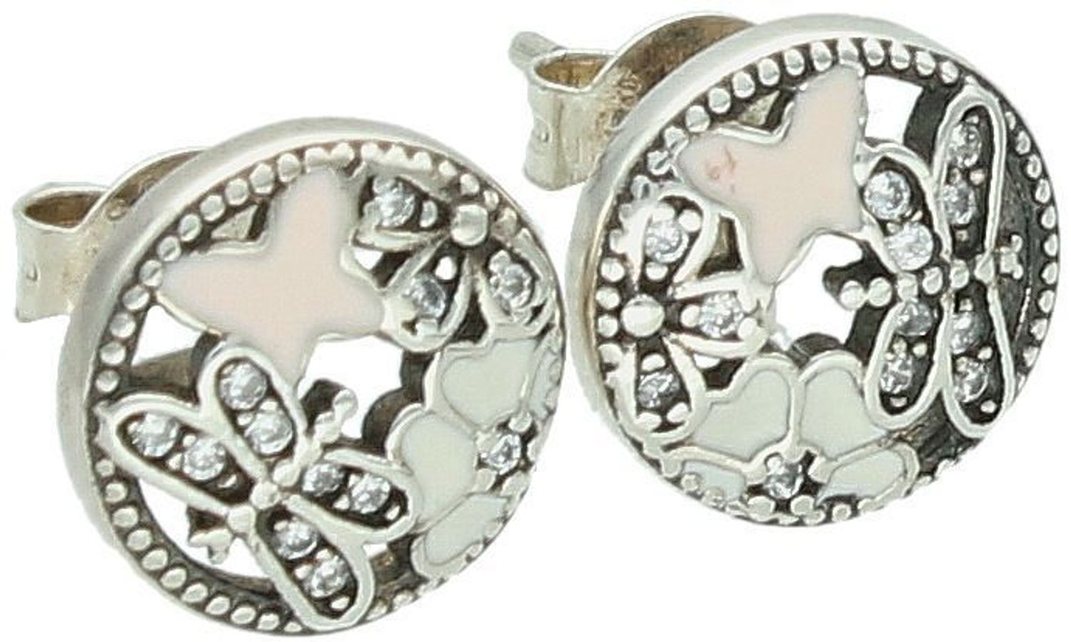 Kolczyki damskie ze srebra próby 925, okrągłe z motylkami i kwiatkami zdobionymi cyrkoniami i kolorową emalią. Model DIA-KLC-6721-925, 1 cm, 1,80 g, zapięcie na sztyft.1.jpg