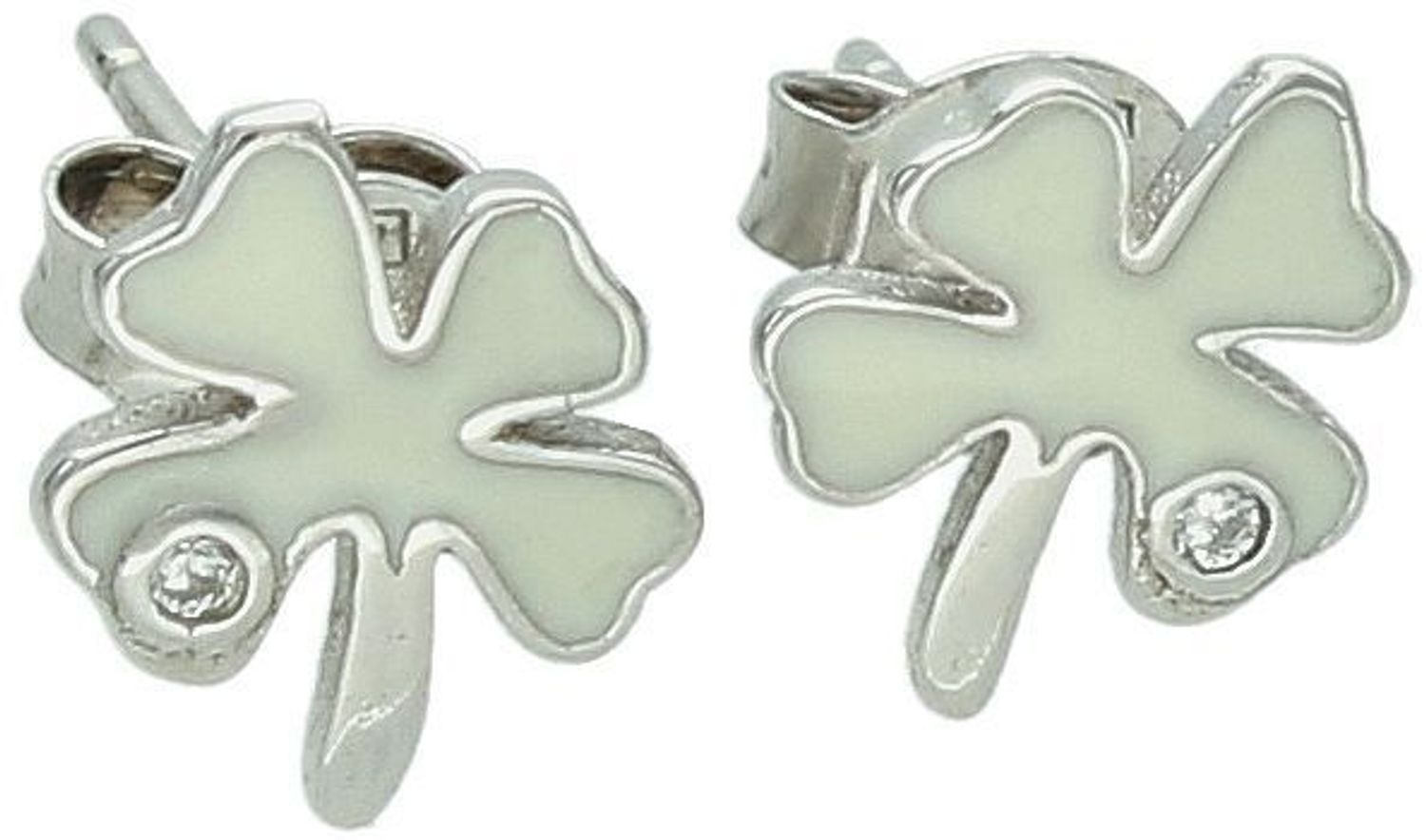 Srebrne kolczyki koniczynki z białą emalią i cyrkonią – srebro 925.jpg