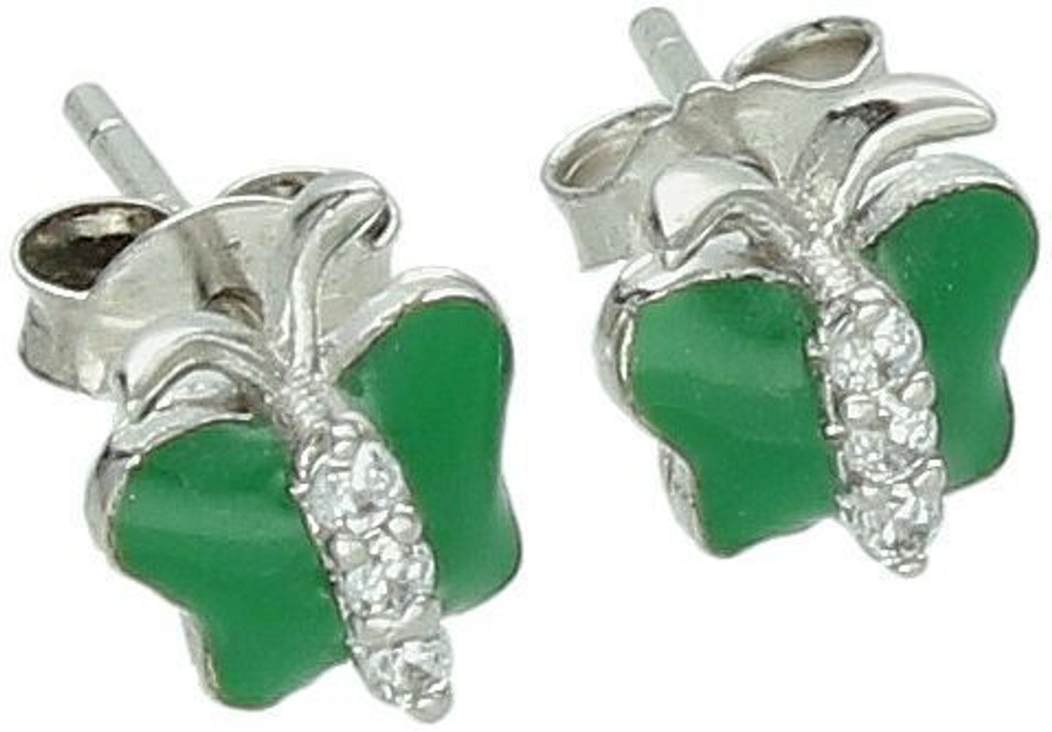 Srebrne Dziecięce Kolczyki 925 Motylek z Cyrkoniami i Zieloną Emalią – Na Sztyft, 1,00g.jpg