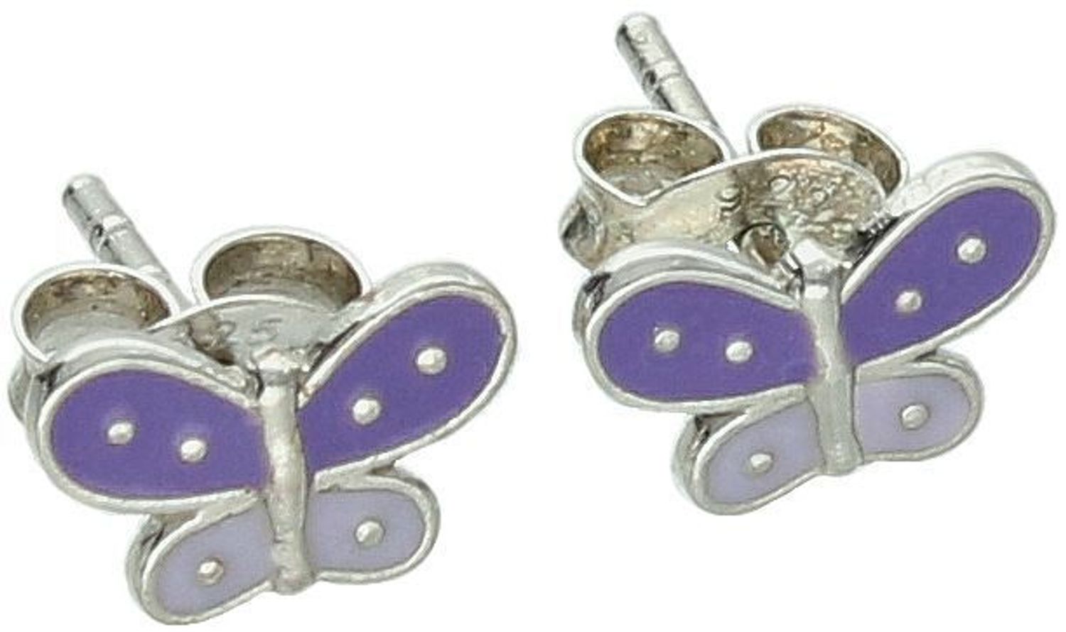 Urocze kolczyki dziecięce srebrne 925 w kształcie motylków z fioletową emalią. Wymiary 8x5 mm, lekkie i wygodne, idealne dla dzieci.1.jpg