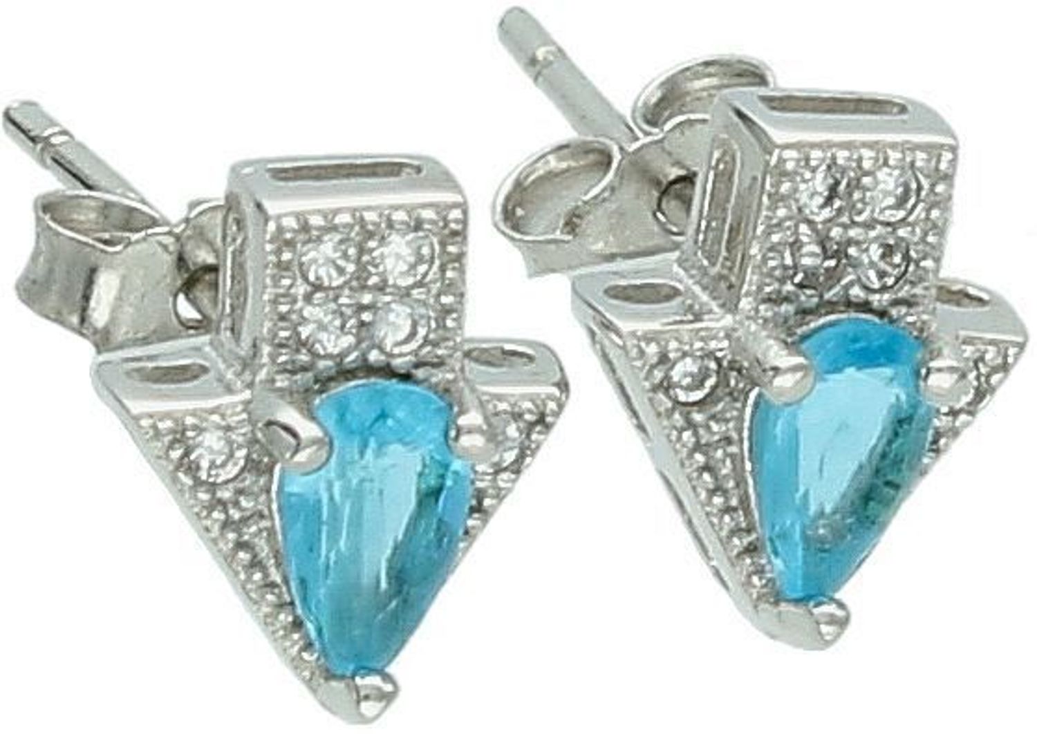 Srebrne kolczyki 925 w kształcie strzałek, ozdobione niebieską i białą cyrkonią. Wymiary 7 × 8 mm, waga 1,20 g, zapięcie na sztyft – subtelny geometryczny akcent.1.jpg