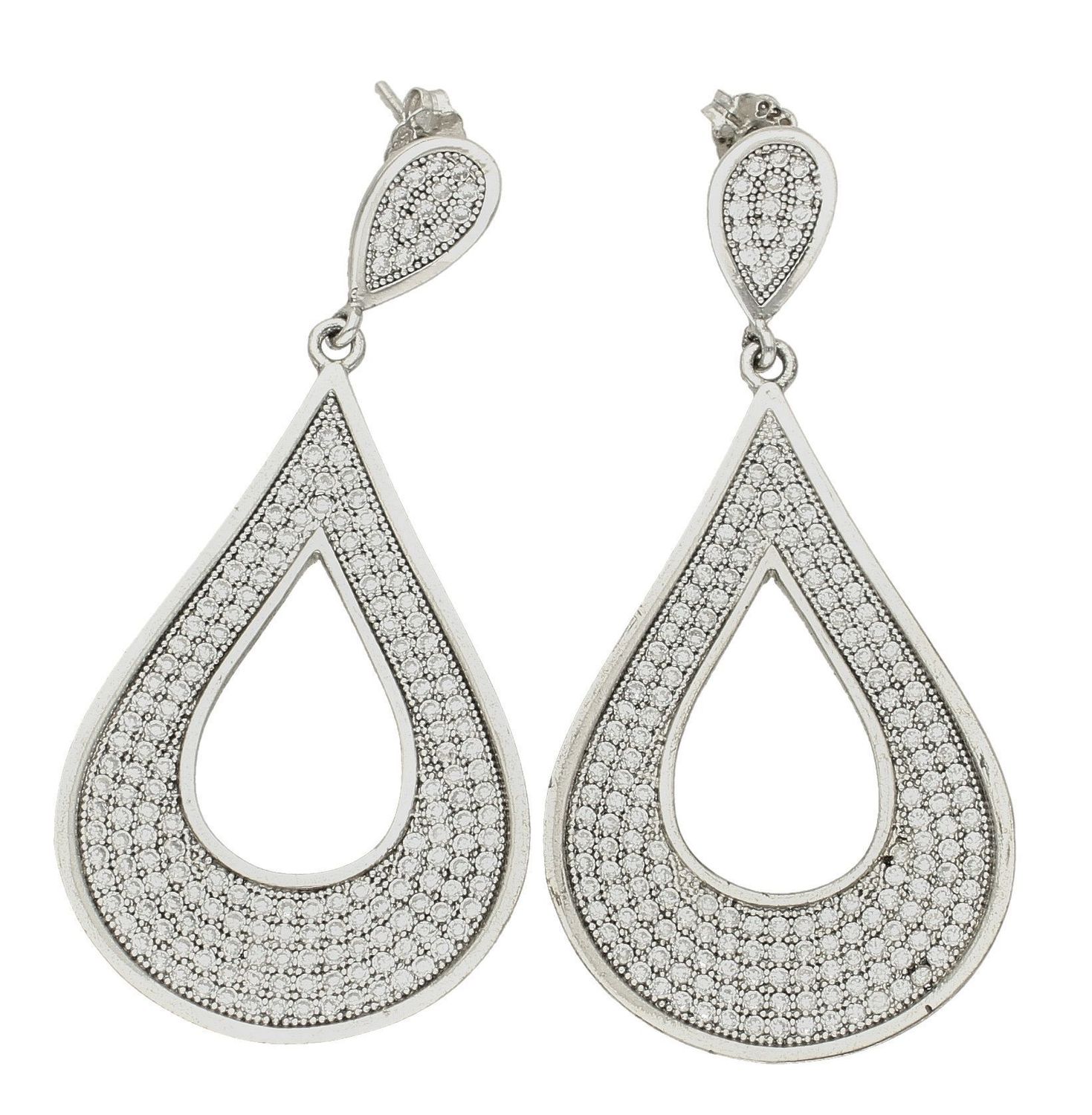 Kolczyki srebrne wiszące długie z białymi cyrkoniami. Długie kolczyki srebrne kształcie łezki składające się z z dużych sopelków na których jest duża ilość cyrkonii..jpg