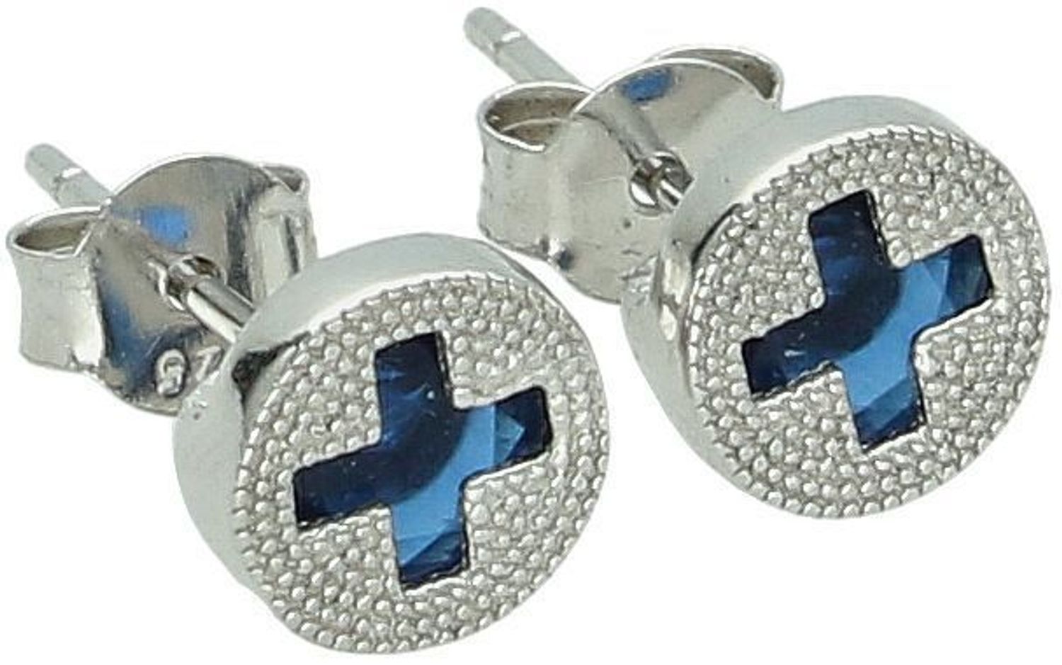 Kolczyki damskie srebrne 925 – DIA-KLC-6882-925. Okrągłe kolczyki z motywem krzyża i granatową cyrkonią, wielkość 7 mm, waga 1,40 g. Minimalistyczna biżuteria z przesłaniem – idealna na prezent..jpg