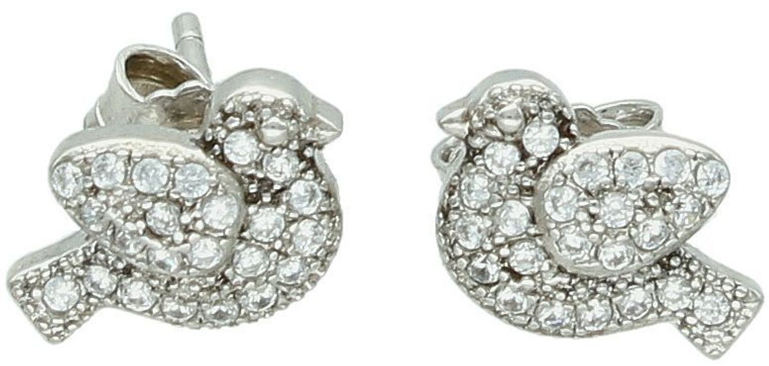 Urocze kolczyki srebrne próba 925 w kształcie ptaszków, zdobione błyszczącymi cyrkoniami. Waga 1,90 g, wymiary 1,0 cm x 7 mm, zapięcie na sztyft. Model DIA-KLC-6892-925.1.jpg