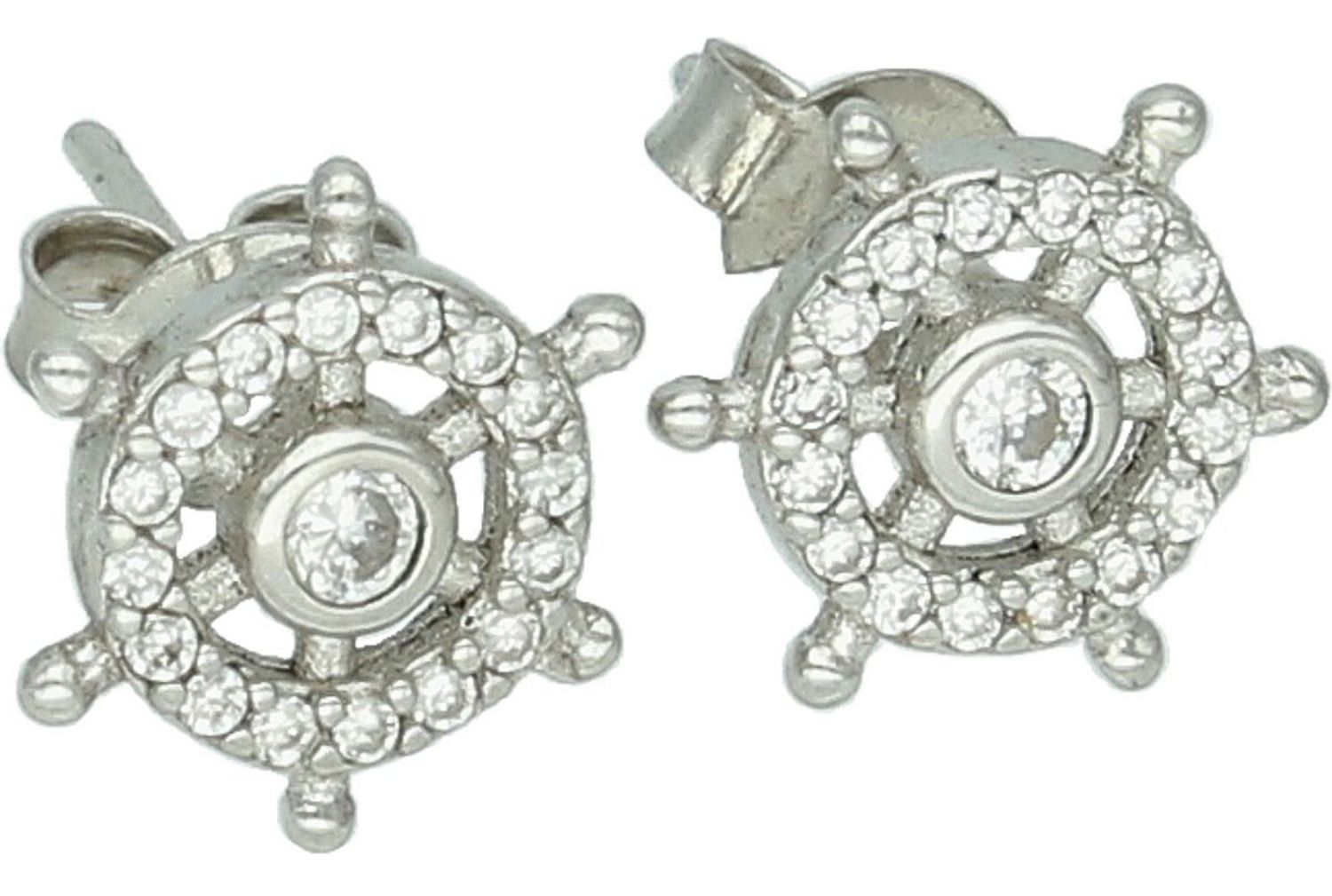 Kolczyki srebrne 925 DIA-KLC-6895-925 w kształcie steru, ozdobione cyrkoniami. Wielkość 1 cm, waga 1,40 g. Stylowy wybór dla miłośniczek morza i wolności.1.jpg
