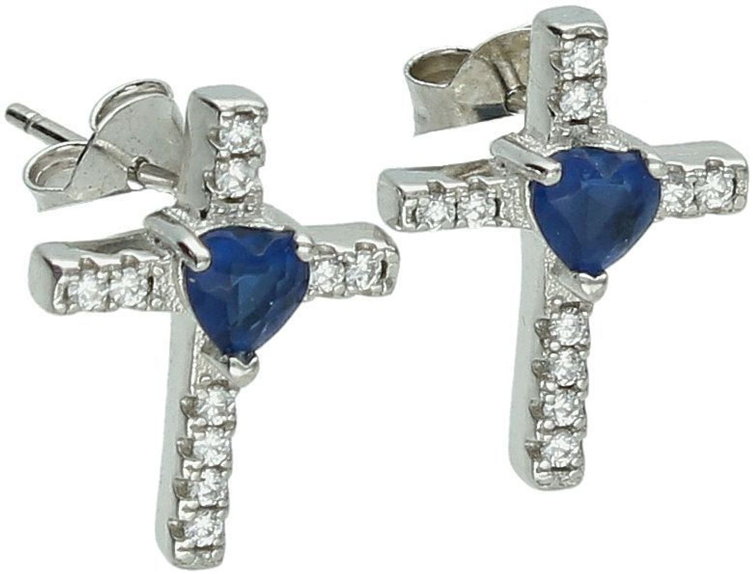 Kolczyki damskie srebrne próby 925 w kształcie krzyżyka, z granatową cyrkonią pośrodku i białymi dookoła. Model DIA-KLC-6904-925. Waga 2,40 g. Eleganckie, zapięcie na sztyft.1.jpg