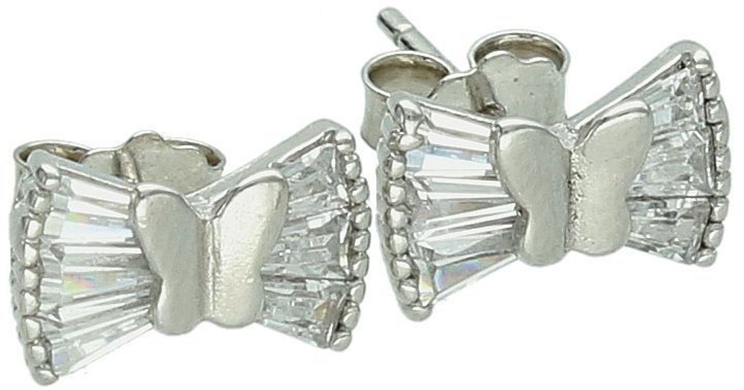 Kolczyki damskie srebrne próby 925 – DIA-KLC-6934-925. Motylki ozdobione cyrkonią, zapięcie na sztyft, wymiary 1,0 cm x 6 mm, waga 1,80 g. Delikatne i eleganckie – idealne na prezent.1.jpg