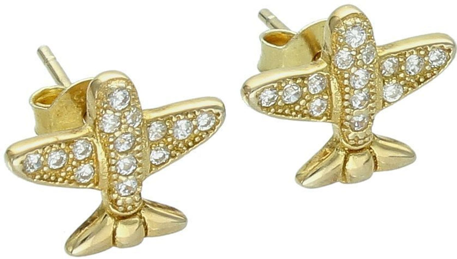 Pozłacane kolczyki dziecięce ze srebra 925 w kształcie samolotów ✈️. Zdobione białymi cyrkoniami, lekkie i wygodne. Model DIA-KLC-6975-925. Waga 1,40 g. Idealne na prezent! 🎁1.jpg