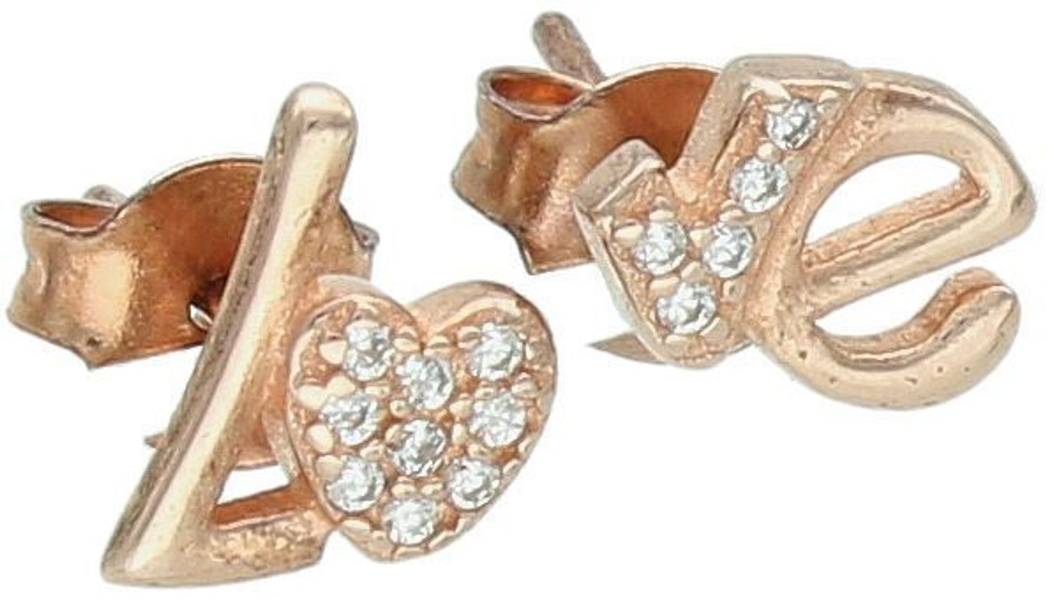 Kolczyki srebrne pozłacane różowe złoto napis LOVE, wkrętki próba 925 DIA-KLC-6986-925. Kolczyki w kolorze różowego złota. Kolczyki miedziane. Dwa różne kolczyki. Kolczyki srebrne miłość.1.jpg