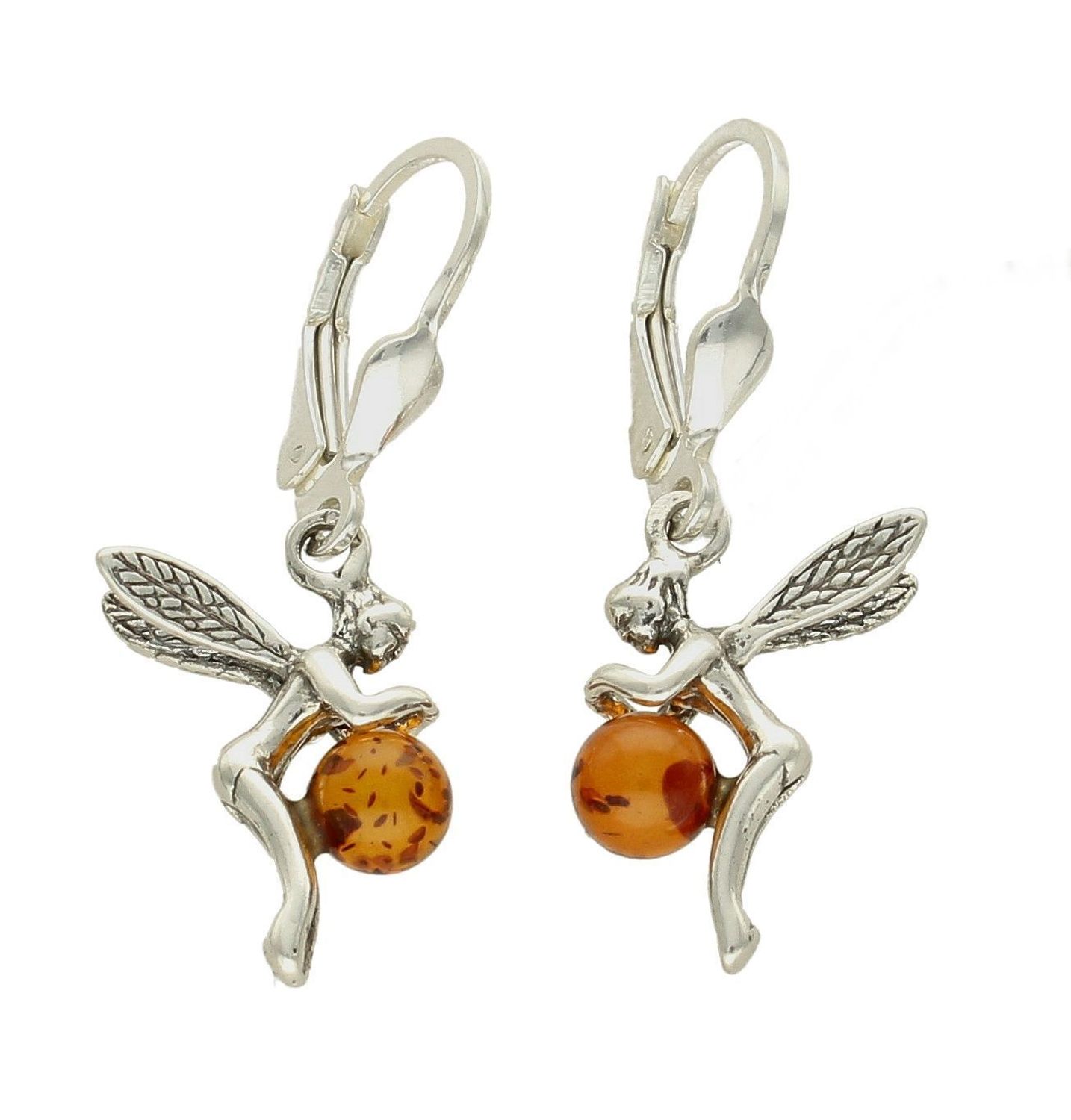 Kolczyki srebrne wiszące o kształcie aniołka z okrągłym bursztynem DIA-KLC-7086-925.  Srebrne kolczyki z bursztynem to modelem bardzo ciekawy, ponieważ dzięki ciepłej kolorystyce pięknie podkreśla on urodę. Charakteryzują się.jpg