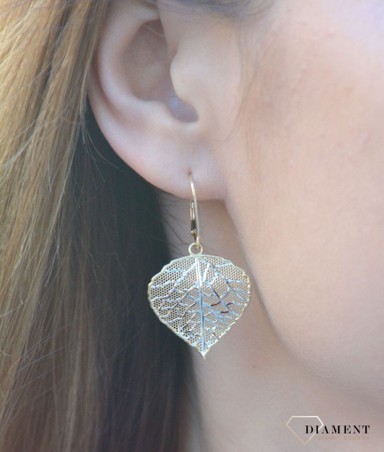 Złote kolczyki 585 wiszące ażurowe liście DIA-KLC-7564-585.jpg