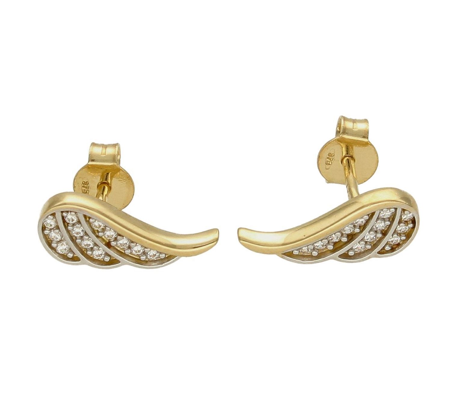 Złote kolczyki 585 skrzydełka z cyrkoniami DIA-KLC-7751-375. Złote kolczyki wykonane z najwyższej jakości żółtego złota, próba 585, waga około 1,40 gram. Kolczyki w minimalistycznym stylu, wpisujące się w obecne trendy modowe.jpg