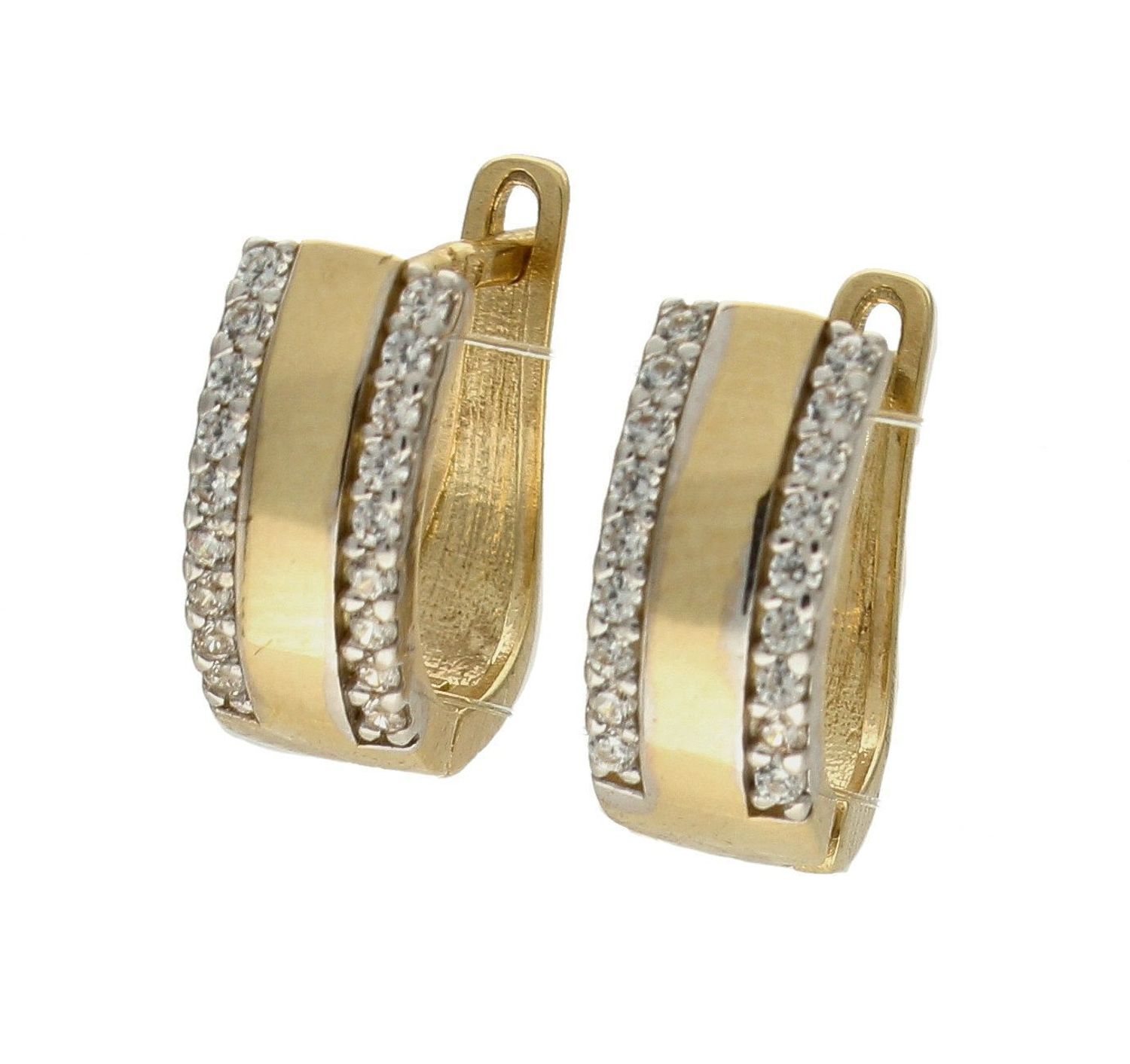 Złote kolczyki 375 z cyrkoniami DIA-KLC-7755-375. Kolczyki z wygodnym zapięciem angielskim- bardzo wygodne i klasyczne zapięcie. Kolczyki można połączyć z pozostała biżuterią i stworzyć modne sety.  Długość kolczyków 1 cm..jpg