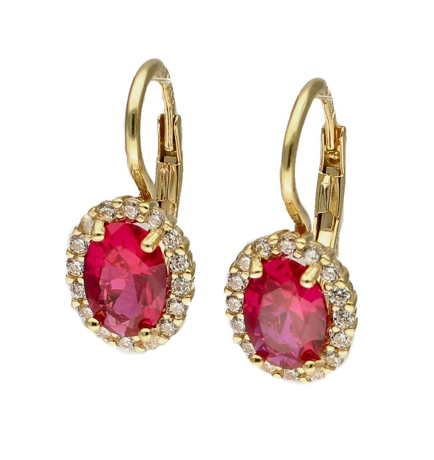 Złote kolczyki 375 wiszące z owalna czerwoną cyrkonią DIA-KLC-7761CZ-375. Złote kolczyki wykonane z najwyższej jakości żółtego złota, próba 375, waga około 12,15 gram. Kolczyki w minimalistycznym stylu, wpisujące się w obecne.jpg