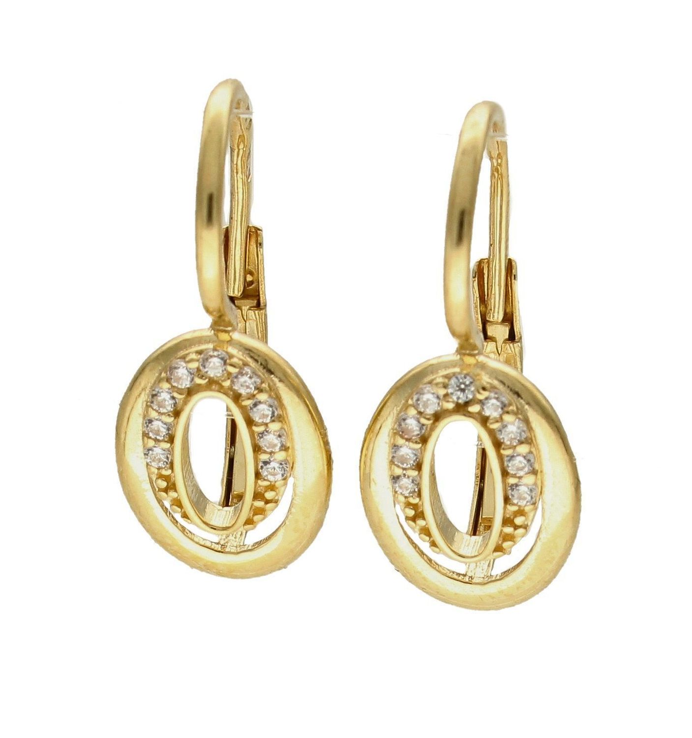 Złote kolczyki 375 wiszące owalne z cyrkoniami DIA-KLC-7764-375. Kolczyki w minimalistycznym stylu, wpisujące się w obecne trendy modowe. Delikatna forma, najwyższej jakości złota to idealne uzupełnienie eleganckich stylizacji.jpg