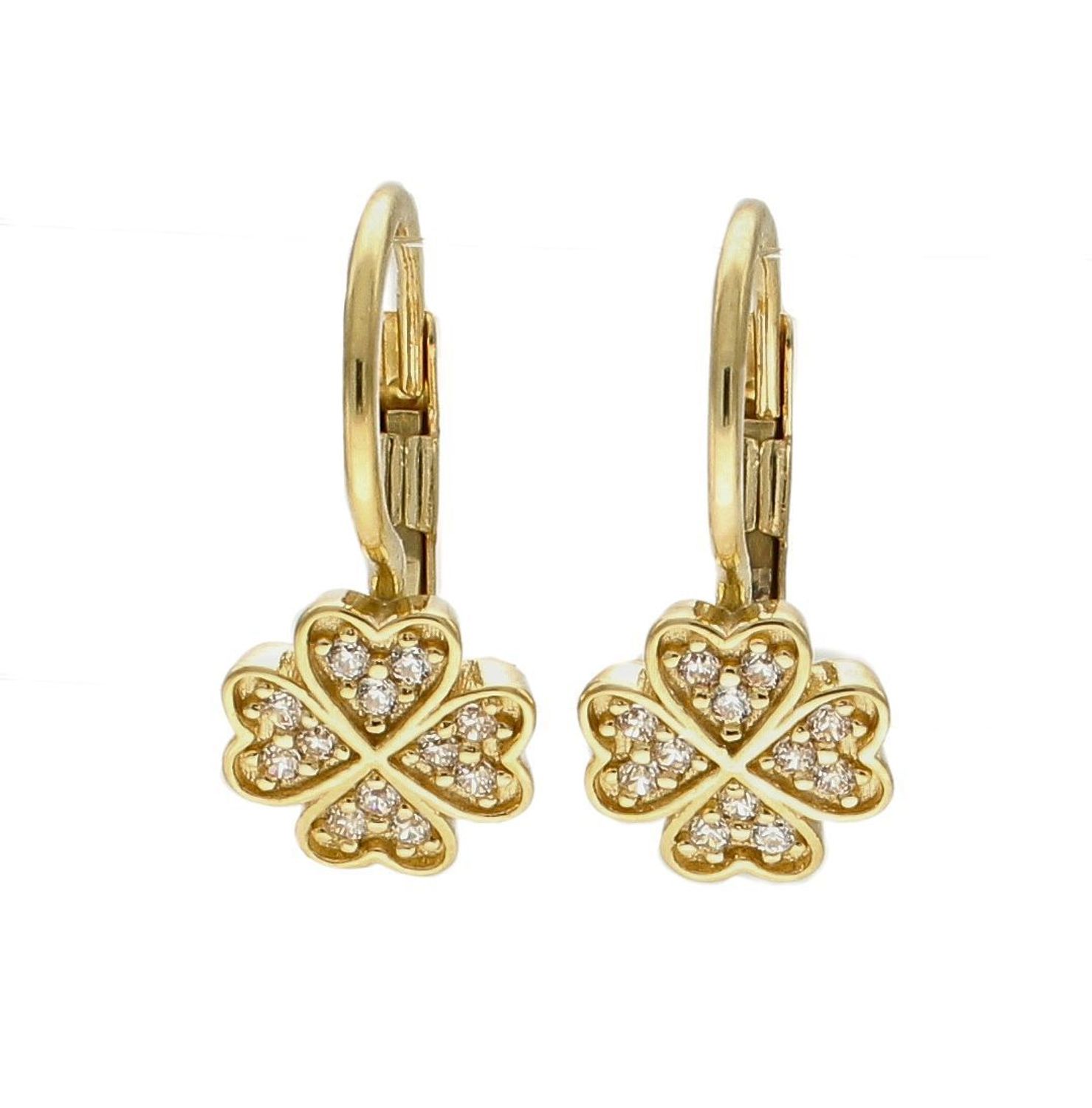 Złote kolczyki 375 wiszące kwiatki wypełnione drobnymi cyrkoniami DIA-KLC-7765-375. Złote kolczyki wykonane z najwyższej jakości żółtego złota, próba 375, waga około 1,95 gram. Kolczyki w minimalistycznym stylu, wpisujące się.jpg