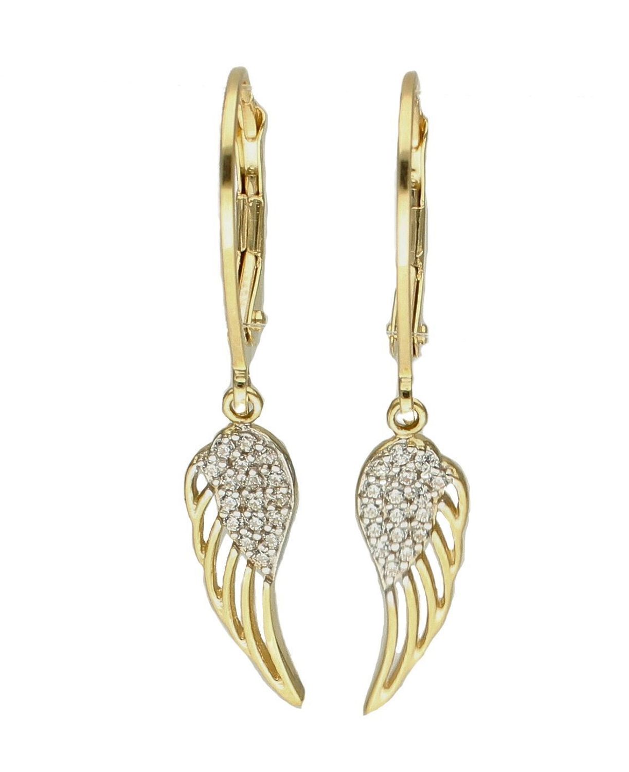 Złote kolczyki 375 wiszące skrzydełka ozdobione cyrkoniami DIA-KLC-7766-375. Kolczyki w minimalistycznym stylu, wpisujące się w obecne trendy modowe. Delikatna forma, najwyższej jakości złota to idealne uzupełnienie eleganckic.jpg