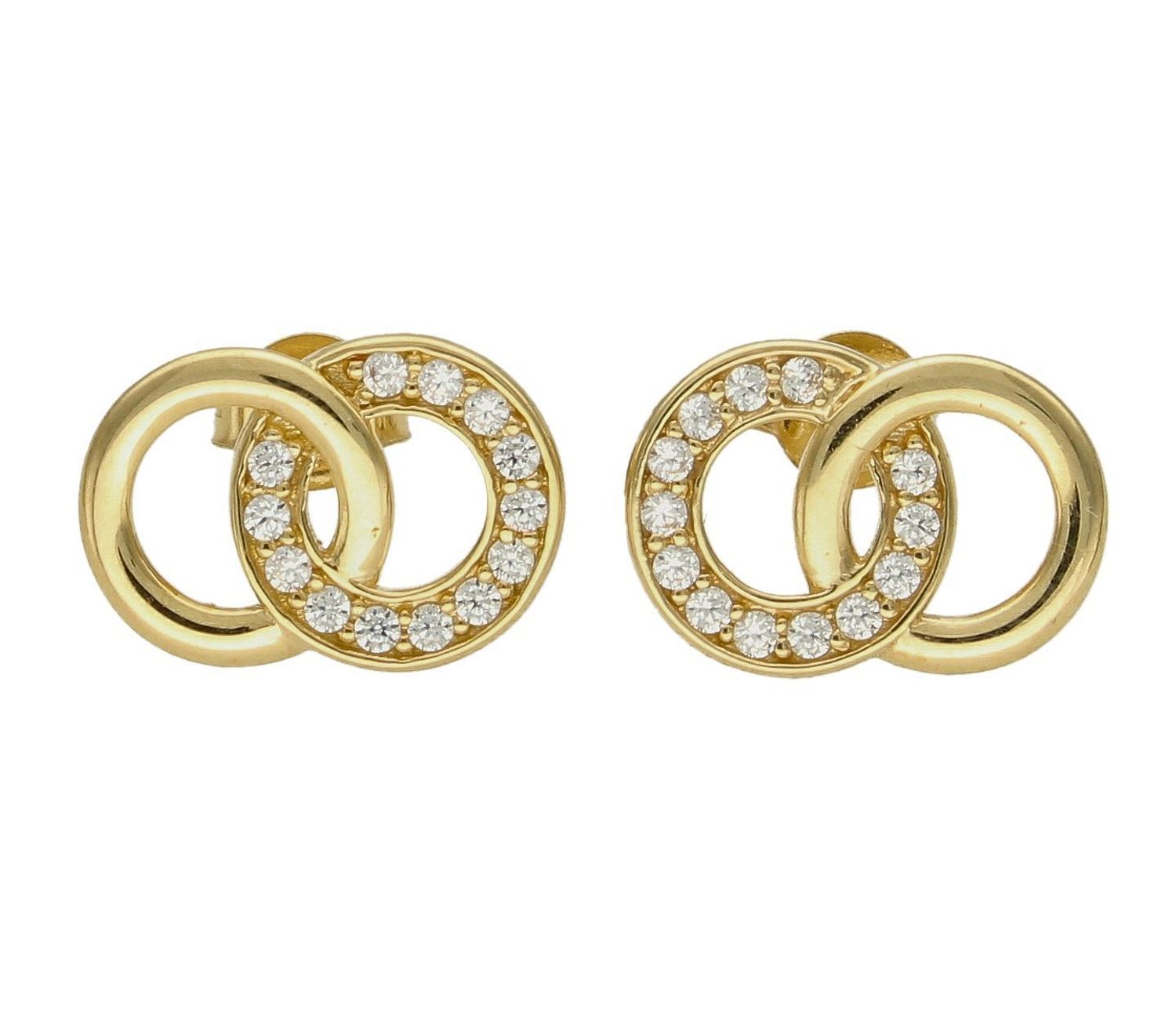 Złote kolczyki 375 połączone kółka z cyrkoniami. Kolczyki pięknie sprawdzą się jako prezent i staną się pamiątką na długie lata. Kolczyki zostały wykonane z złota próba 375. Szerokość kolczyków wynosi 1,3 cm..jpg