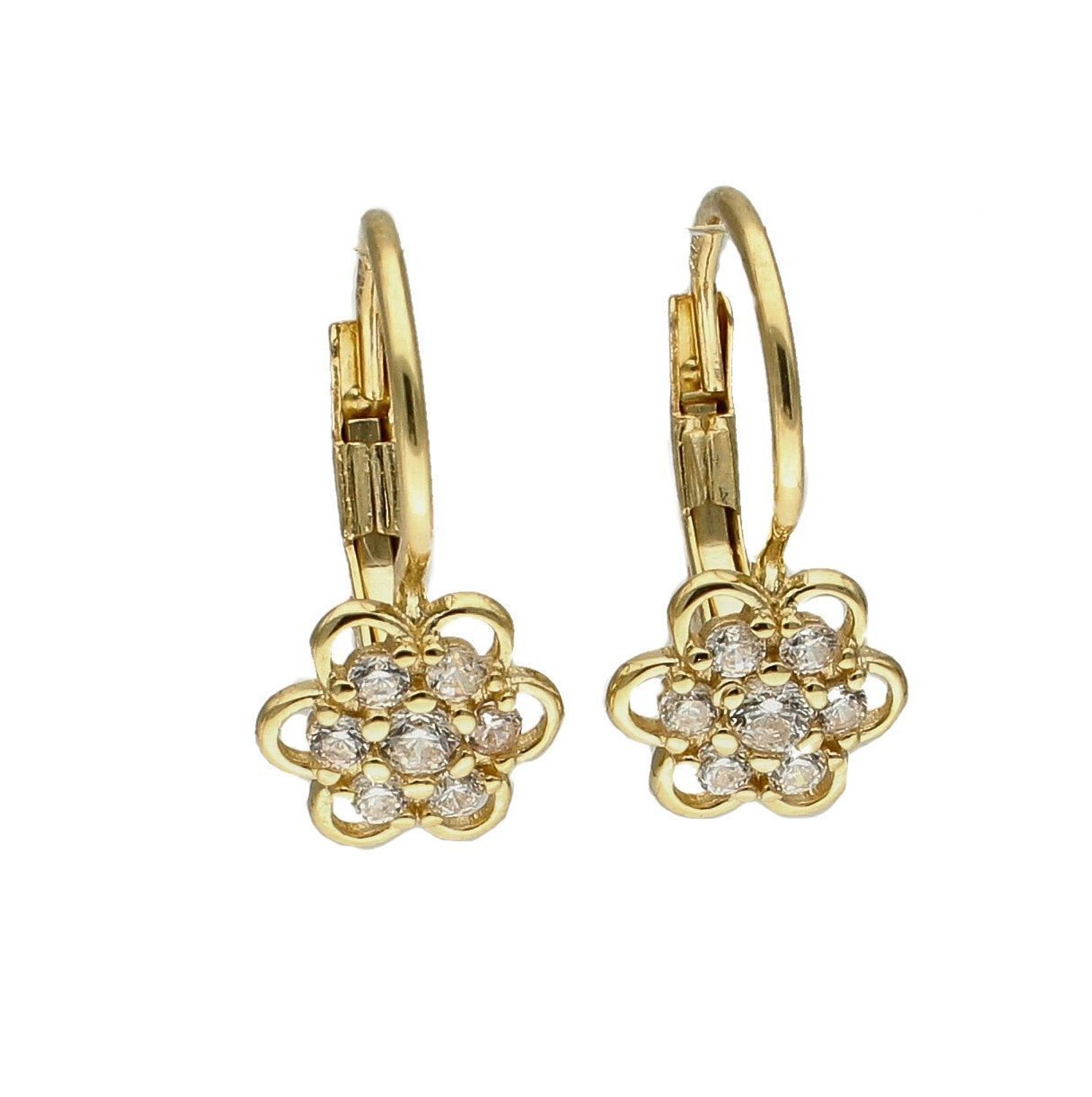 Złote kolczyki 375 kwiatki wiszące z cyrkoniami DIA-KLC-7773-375. Złote kolczyki wykonane z najwyższej jakości żółtego złota, próba 375, waga około 1,29 gram. Kolczyki w minimalistycznym stylu, wpisujące się w obecne trendy m.jpg