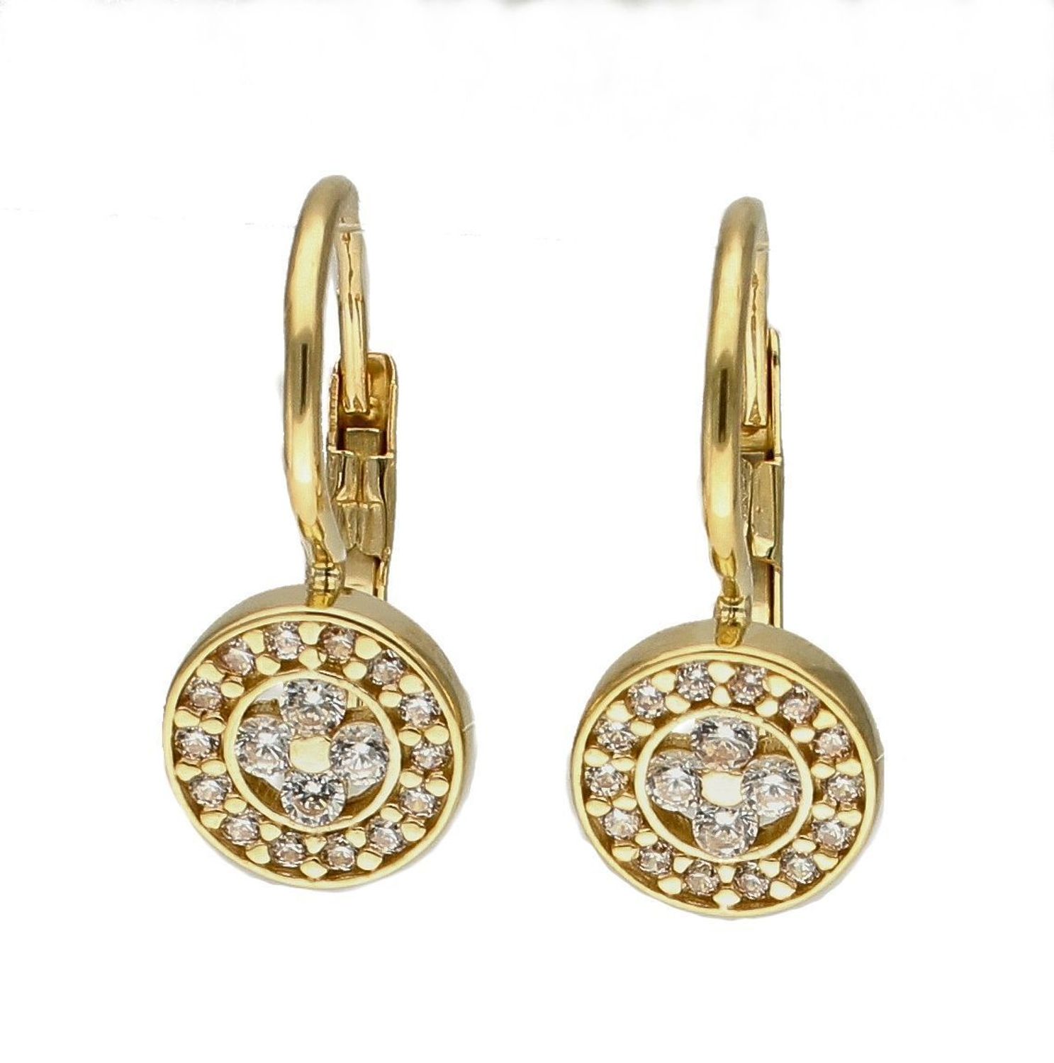 Złote kolczyki 375 wiszące kółeczka z cyrkoniami DIA-KLC-7779-375.  Złote kolczyki wykonane z najwyższej jakości żółtego złota, próba 375, waga około 1,75 gram. Kolczyki w minimalistycznym stylu, wpisujące się w obecne trendy.jpg