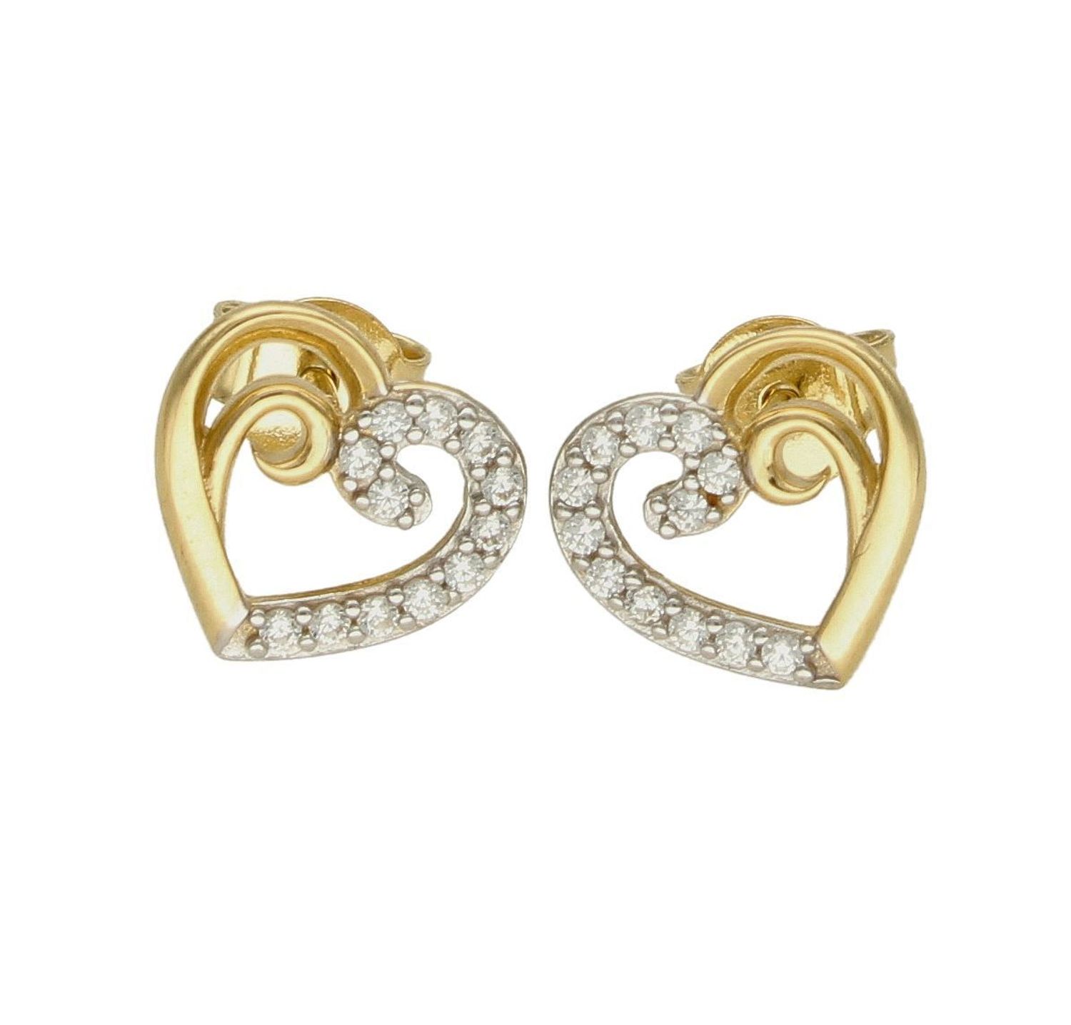 Złote kolczyki 585 serduszka w połowie wysadzone cyrkoniami DIA-KLC-7782-375.  Kolczyki pięknie sprawdzą się jako prezent i staną się pamiątką na długie lata. Kolczyki zostały wykonane z złota próba 585. Szerokość kolczyków.jpg