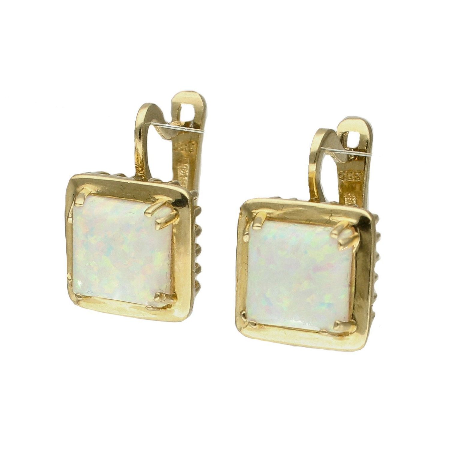 Złote kolczyki 585 wiszące z opalem DIA-KLC-7827-585. Kolczyki można połączyć z pozostała biżuterią i stworzyć modne sety. Kolczyki zostały ozdobione kwarcem dymnym. Długość kolczyków 1,5 cm.jpg