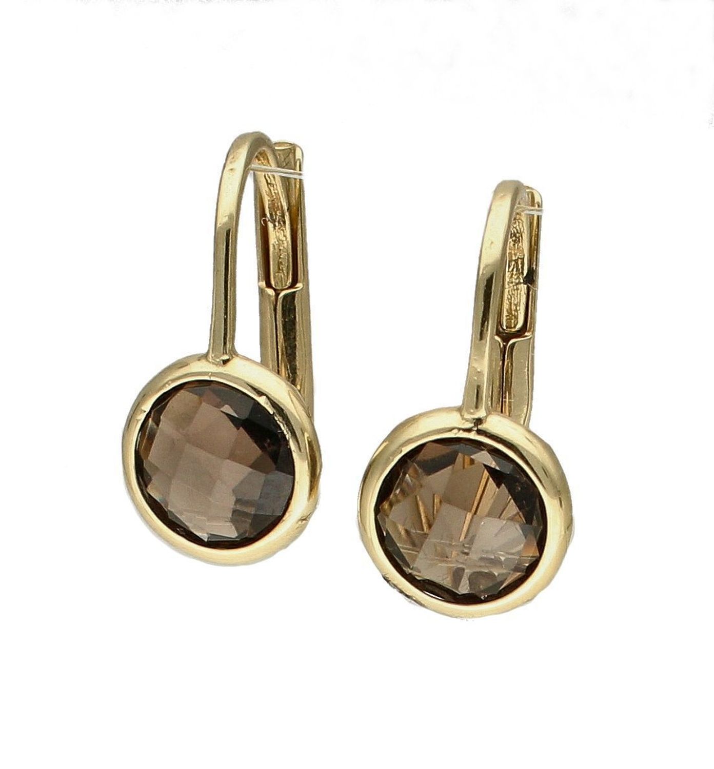 Złote kolczyki 585 wiszące z kwarcem dymnym DIA-KLC-7828-585.  Kolczyki można połączyć z pozostała biżuterią i stworzyć modne sety. Kolczyki zostały ozdobione kwarcem dymnym. Długość kolczyków 1,5 cm..jpg