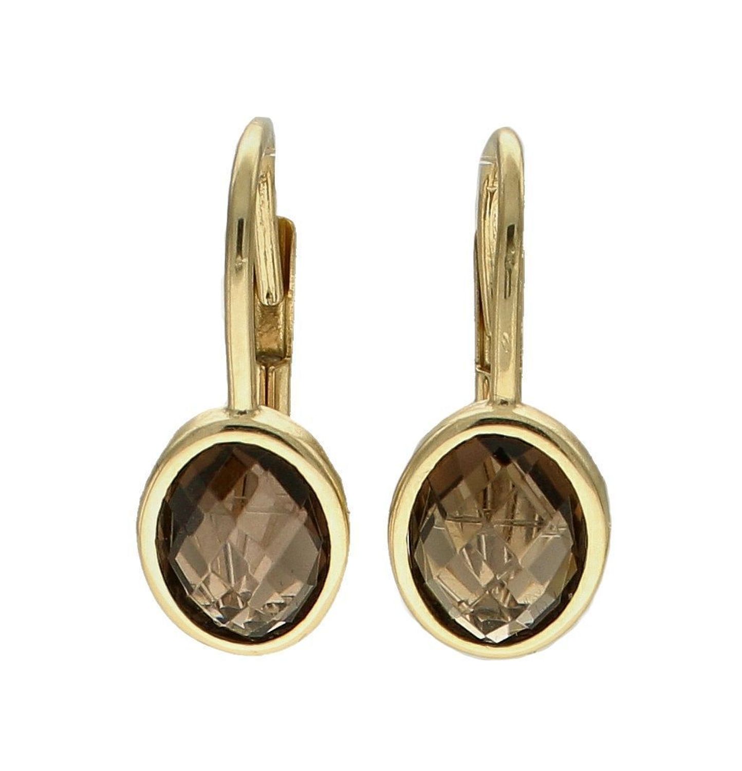 Złote kolczyki 585 z kwarcem dymnym DIA-KLC-7829-585.  Kolczyki można połączyć z pozostała biżuterią i stworzyć modne sety. Kolczyki zostały ozdobione kamieniem naturalnym -kwarcem dymnym. Długość kolczyków 1,7 cm..jpg