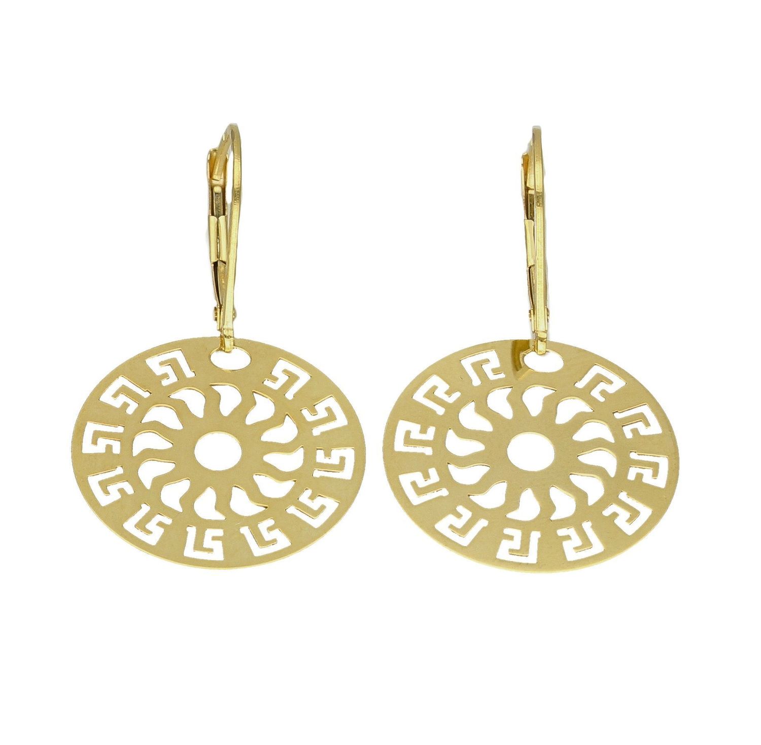 Złote kolczyki 585 wiszące okrągłe z greckim wzorem DIA-KLC-7839-585. Kolczyki z wygodnym zapięciem bigiel angielski- bardzo wygodne i klasyczne zapięcie. Kolczyki można połączyć z pozostała biżuterią i stworzyć modne sety. Sz.jpg