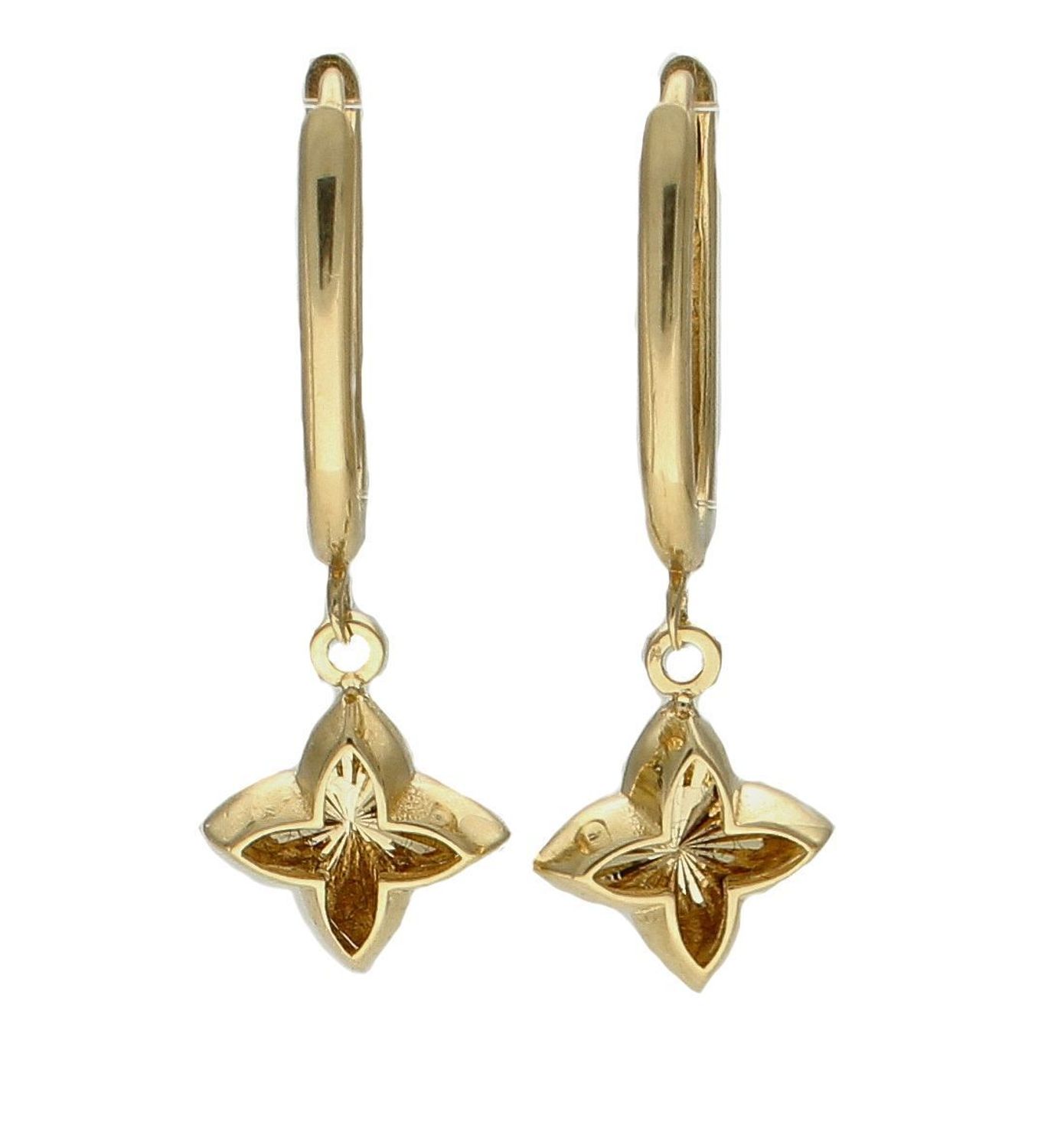 Złote kolczyki 585 wiszące z kwiatkiem DIA-KLC-7841-585. Doskonałe na prezent. Kolczyki mają wagę około 1,96 gram. Wygodne i bezpieczne zapięcie.jpg