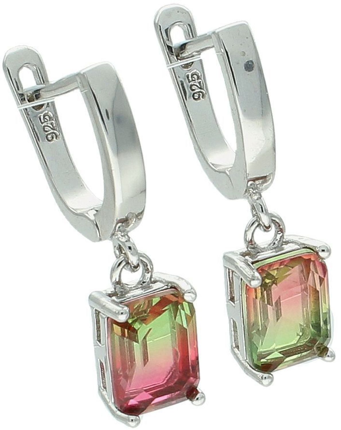 Eleganckie kolczyki damskie ze srebra próby 925, długie wiszące prostokątne zdobione czerwono-zielonymi cyrkoniami. Model DIA-KLC-8216-925, długość 2,2 cm, zapięcie angielskie..jpg