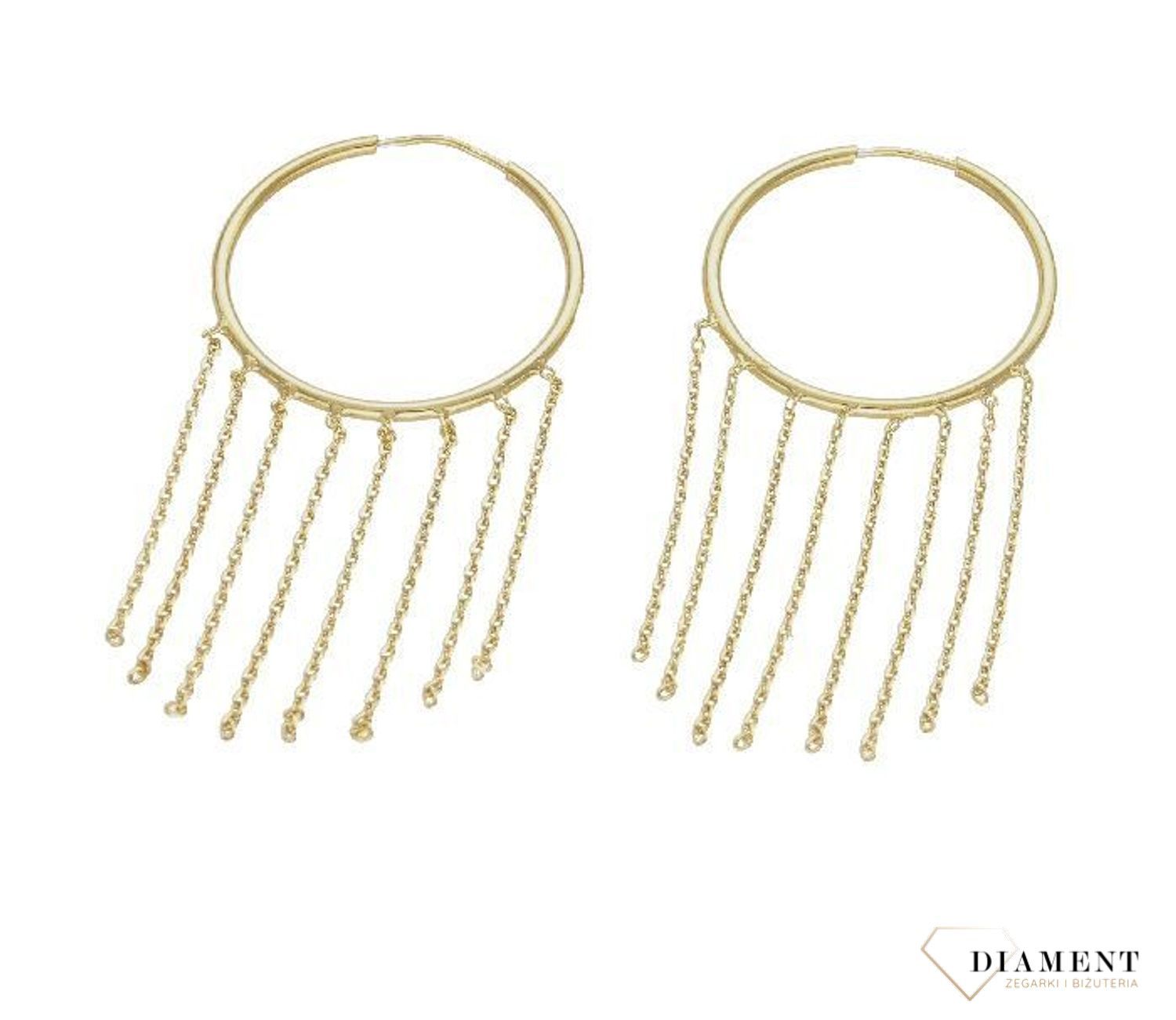 Srebrne pozłacane kolczyki koła z wiszącymi łańcuszkami DIA-KLC-82201-925. Kolczyki srebrne z zawieszkami. Modna biżuteria noszona przez blogerki, influencerki. Na prezent. 1.jpg