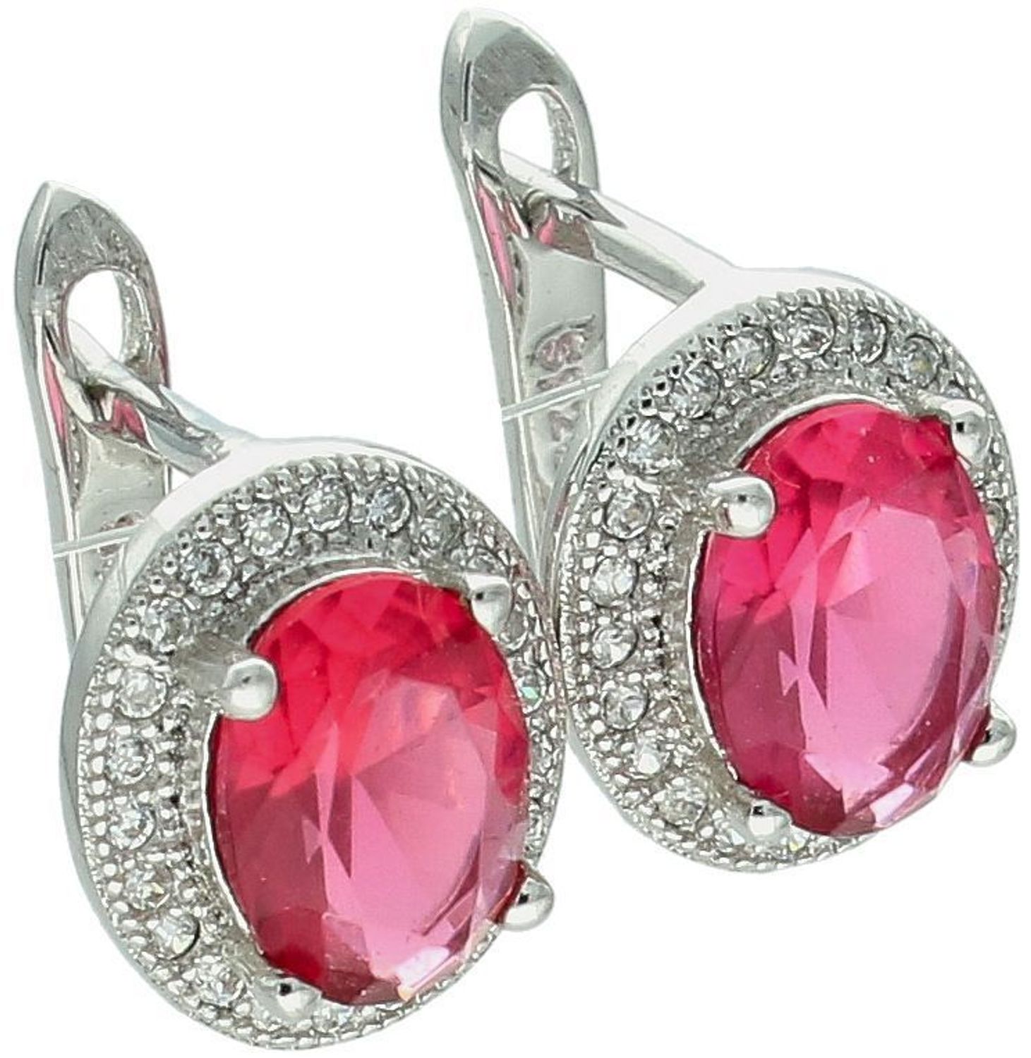 Eleganckie kolczyki srebrne DIA-KLC-8236-925 owalne z ciemnoróżową cyrkonią i drobnymi białymi cyrkoniami. Próba 925, waga 3,23 g, wymiary 1,2 x 1,0 cm, zapięcie angielskie.1.jpg