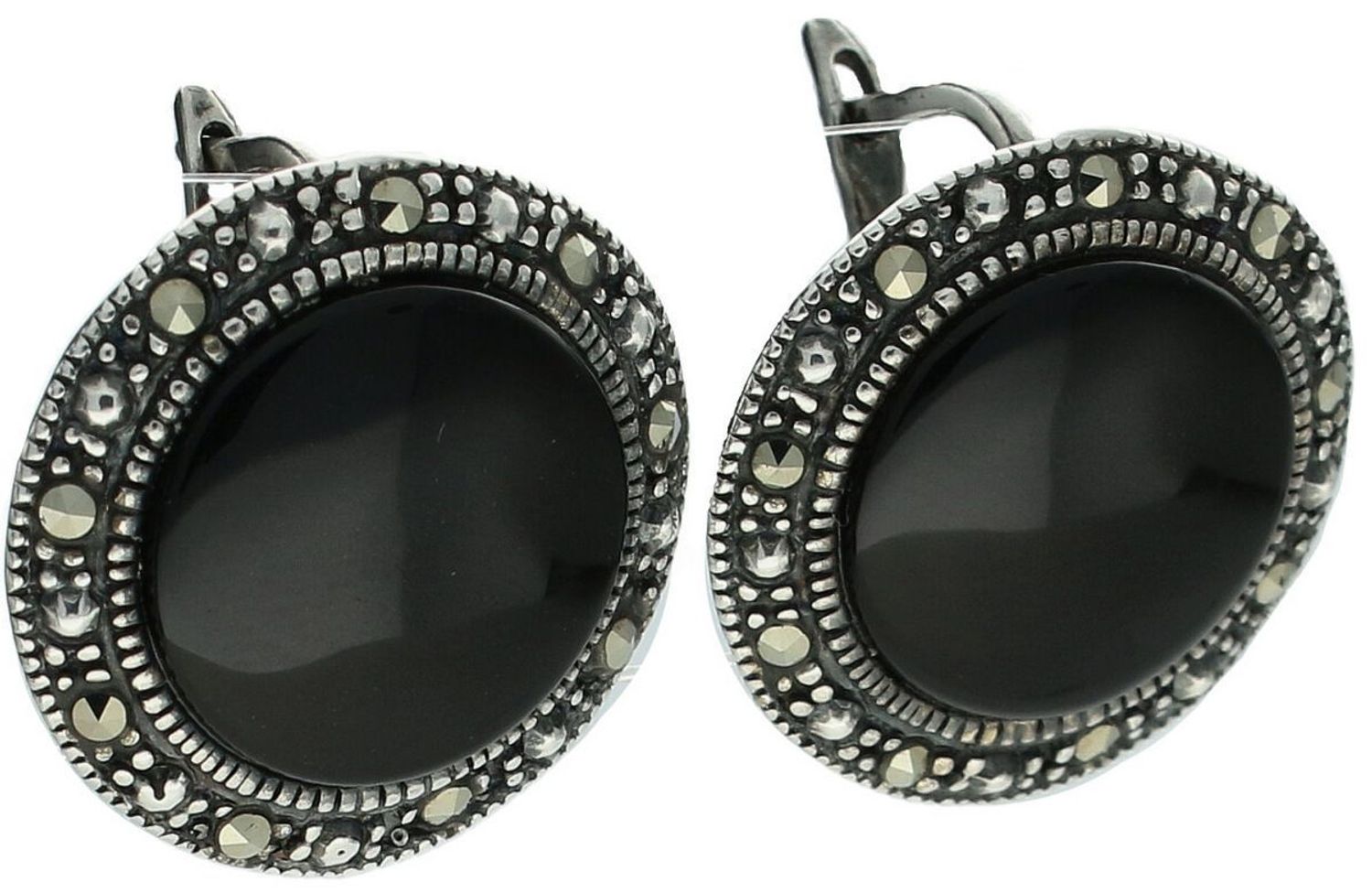 Srebrne kolczyki DIA-KLC-8260-925 z markazytami i czarnym kamieniem syntetycznym. Styl vintage w nowoczesnym wydaniu. Zapięcie angielskie, srebro 925, średnica 2,1 cm.1.jpg