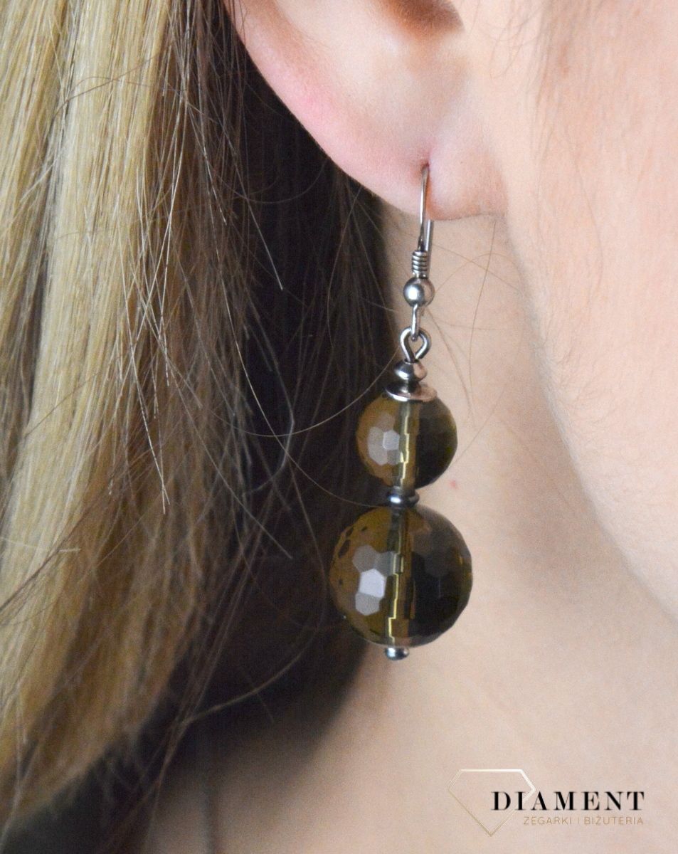 Kolczyki srebrne wiszące kulki kwarc dymny DIA-KLC-8263-STAL.jpg